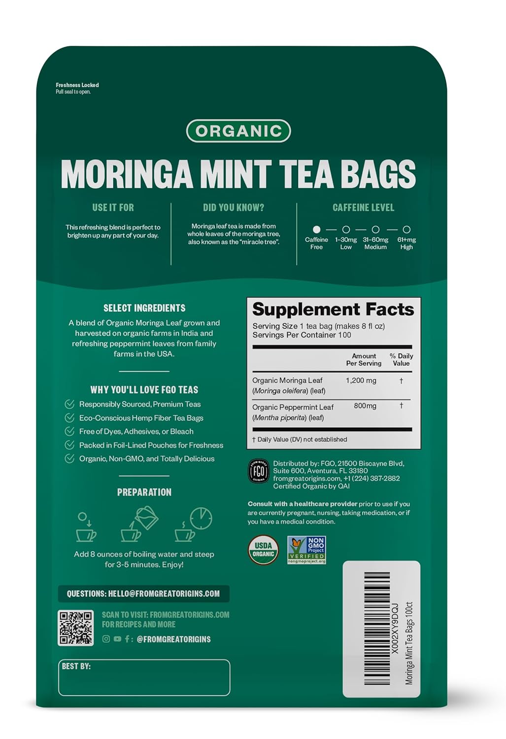 FGO Organic Moringa Mint Tea - Premium Non-GMO, USDA Organic, 100 Count Tea Bags