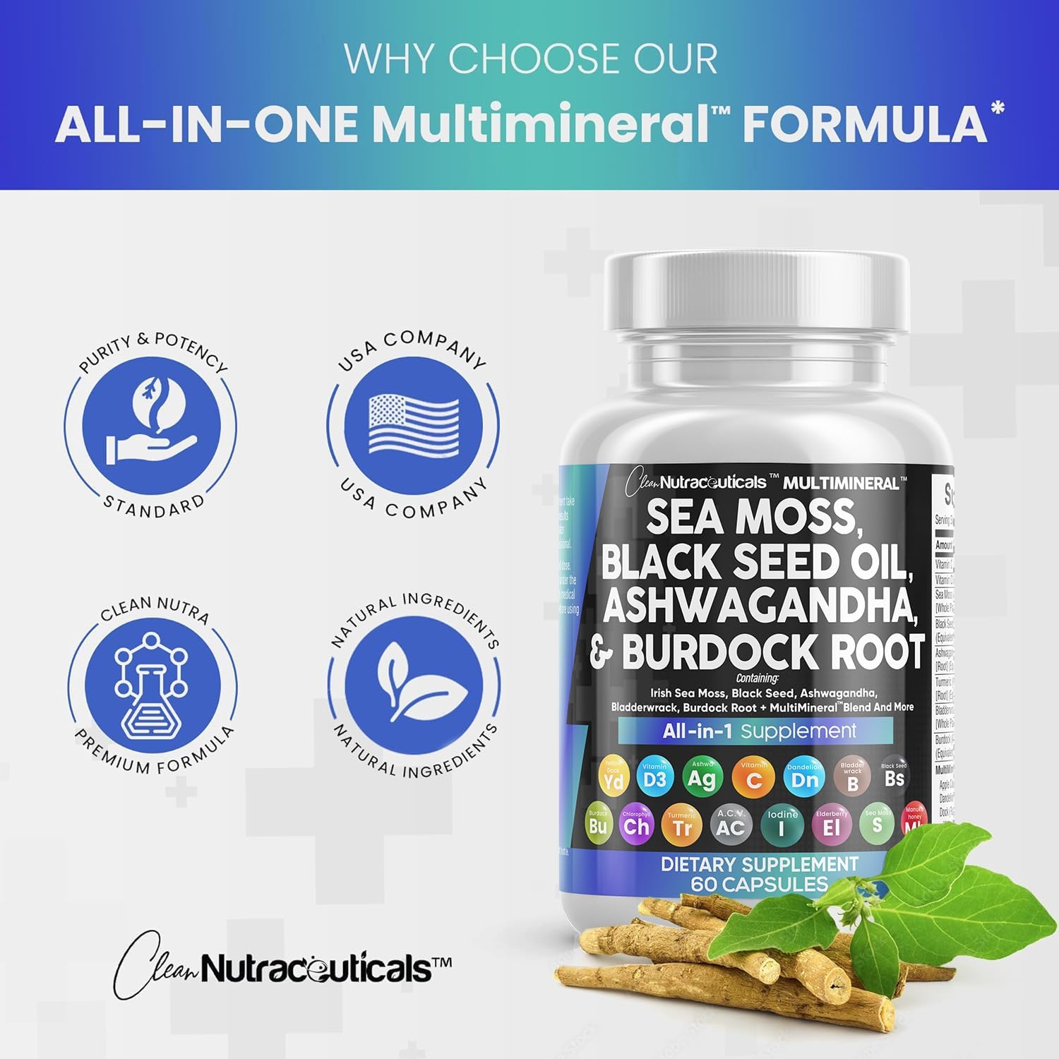 Clean Nutra Sea Moss Supplement - 15 Ingredients for Health, Hair & Wellness - 90 Capsules