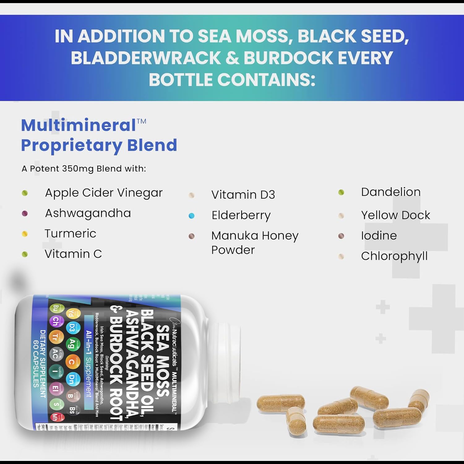 Clean Nutra Sea Moss Supplement - 15 Ingredients for Health, Hair & Wellness - 90 Capsules