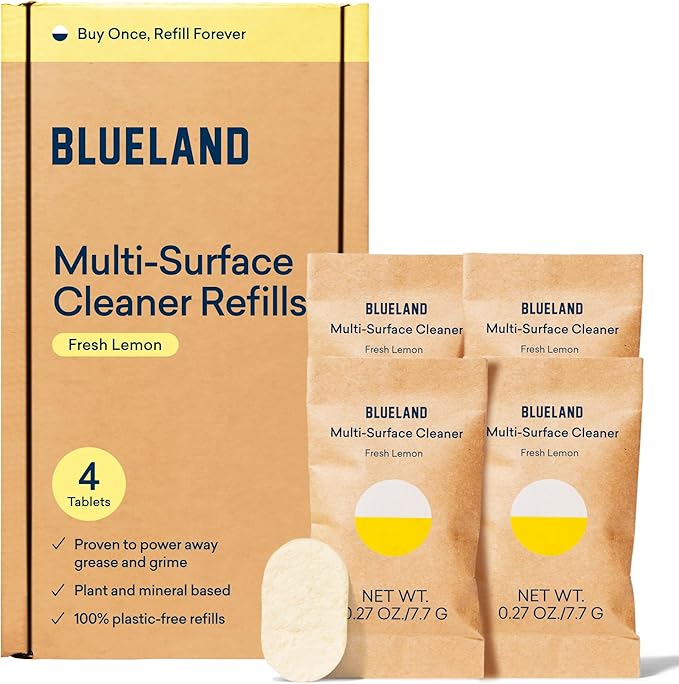 BLUELAND Multi-Surface Cleaner - Refillable, Plant-Based, Safe for Kids & Pets - 4 Refill Tablets