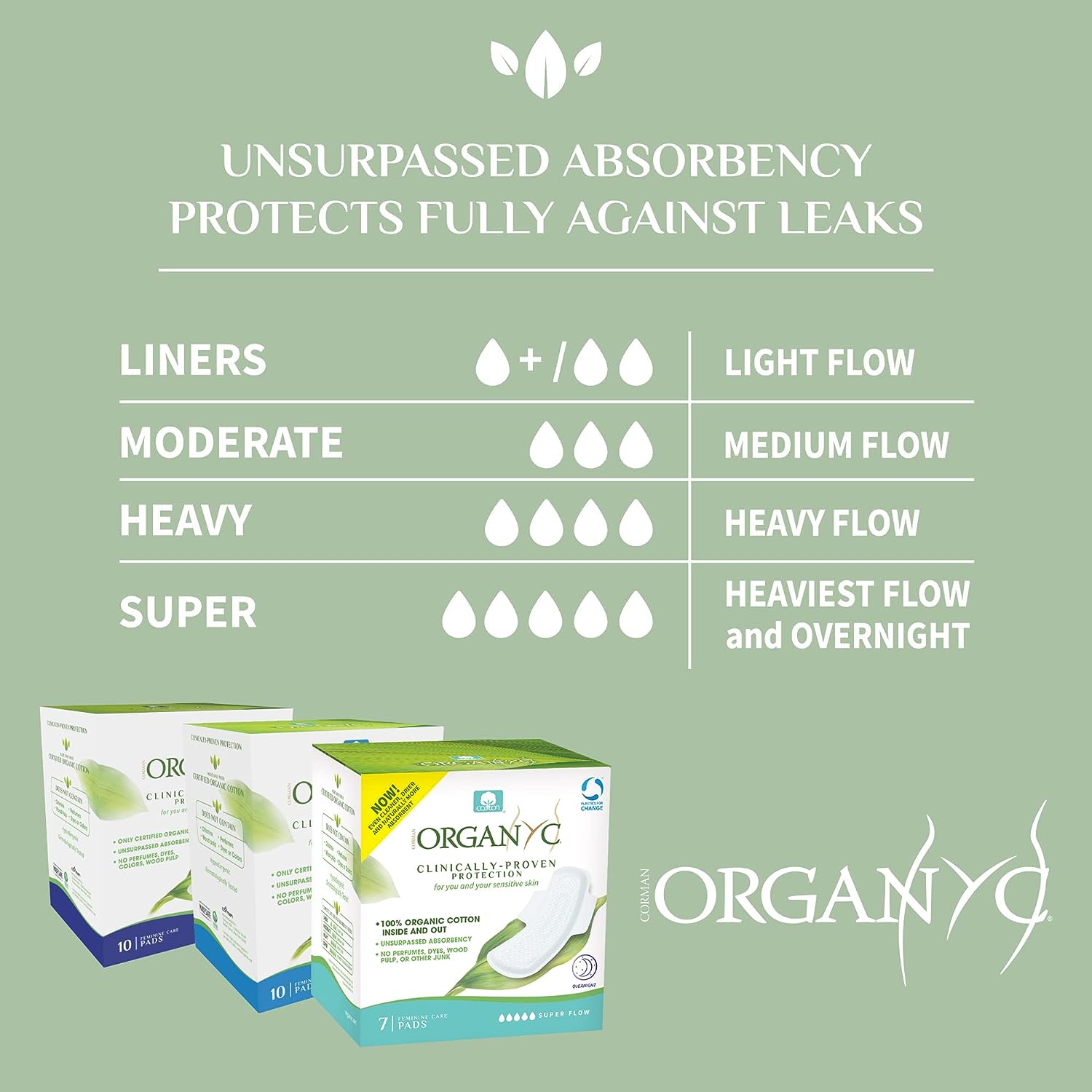 Organyc Menstrual Pads - 100% Organic Cotton, Hypoallergenic, Ultra Absorbent - 10 Count