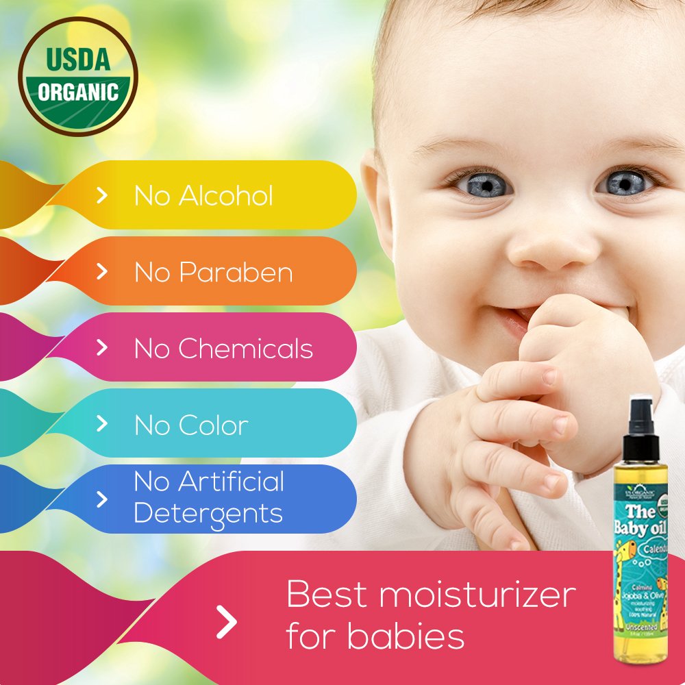 US Organic Baby Body Oil - Soothes Skin with Calendula & Vitamin E, USDA Certified - 5 fl. oz