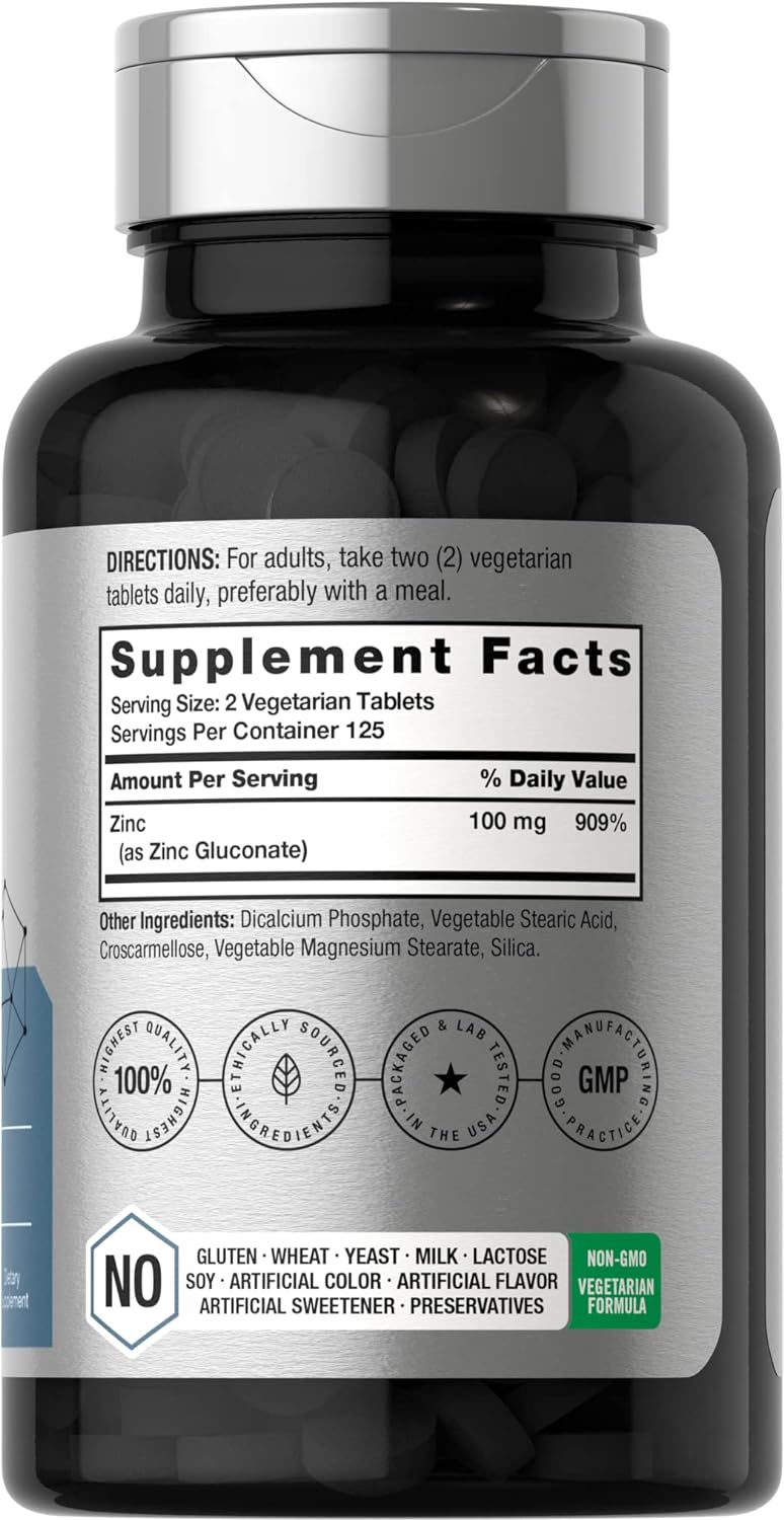 Zinc Supplement | 100mg High Potency, 250 Tablets, Vegetarian, Non-GMO