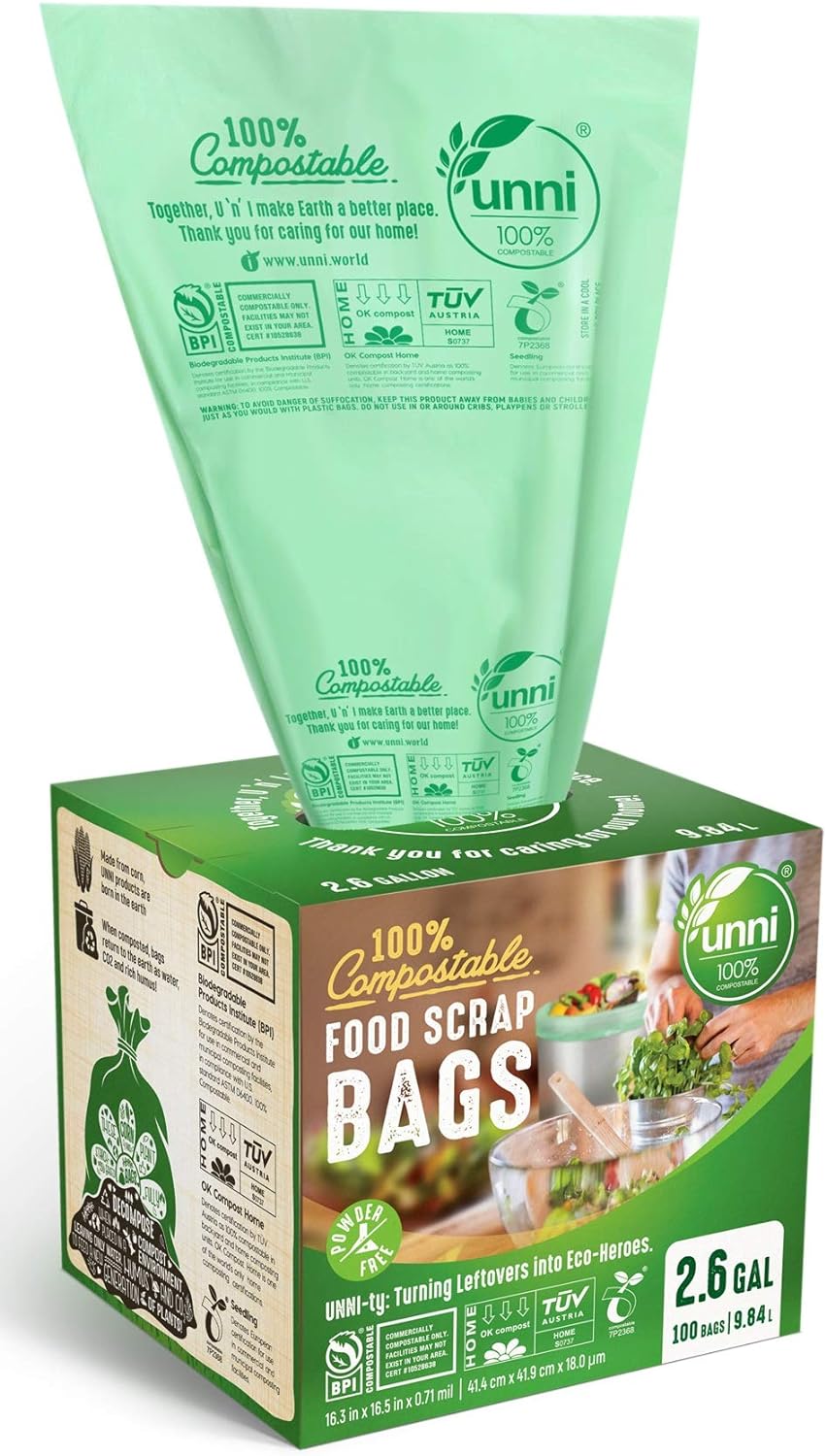 UNNI Compostable Trash Bags - 100% Biodegradable, Plant-Based, ASTM D6400 Certified - 2.6 Gallon