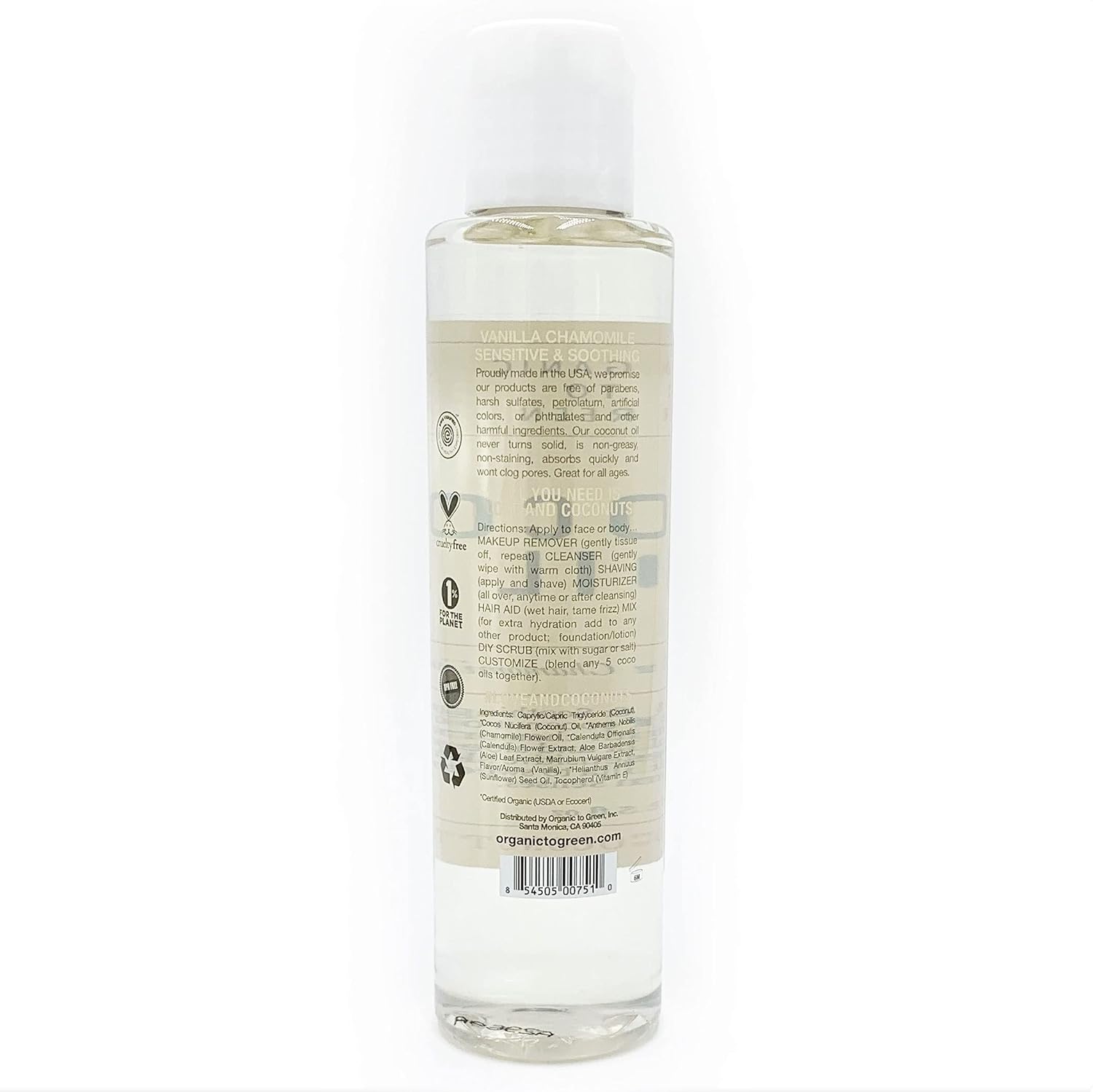 Organic To Green Coco Oil - Makeup Remover, Moisturizer, Natural Anti-Aging - Vanilla Chamomile 5oz