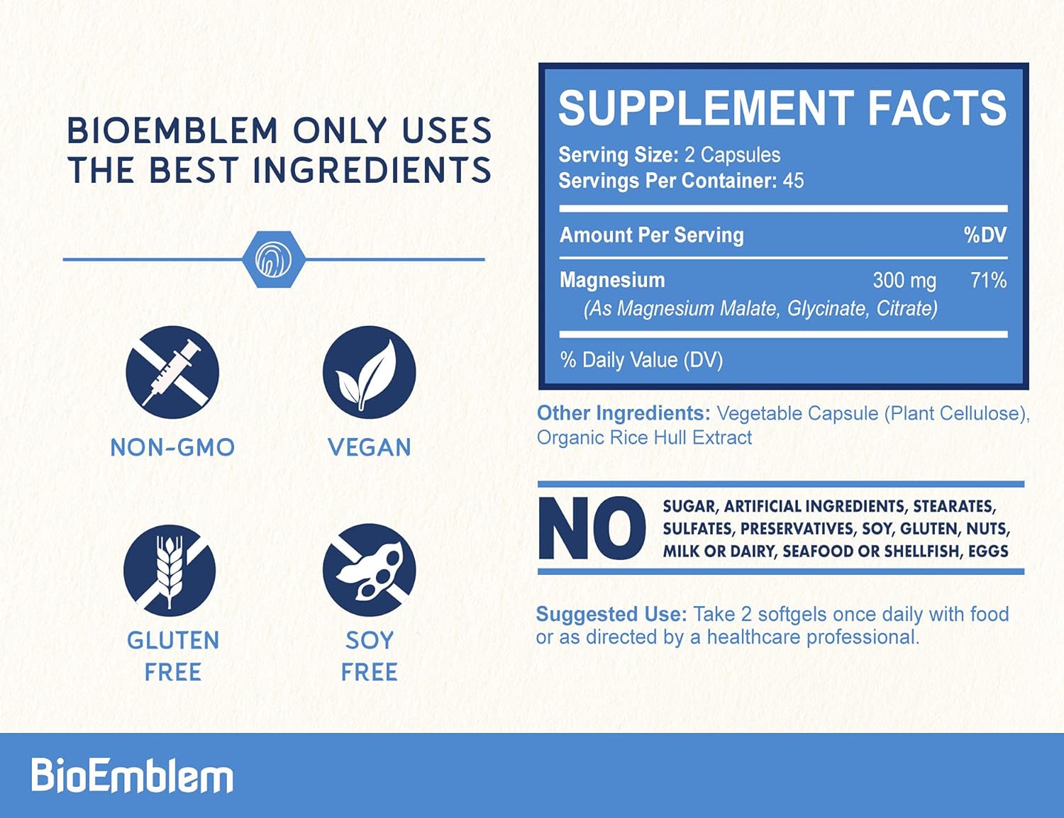 BioEmblem Triple Magnesium Complex - Supports Muscle, Nerve Health & Energy, Vegan - 90 Capsules