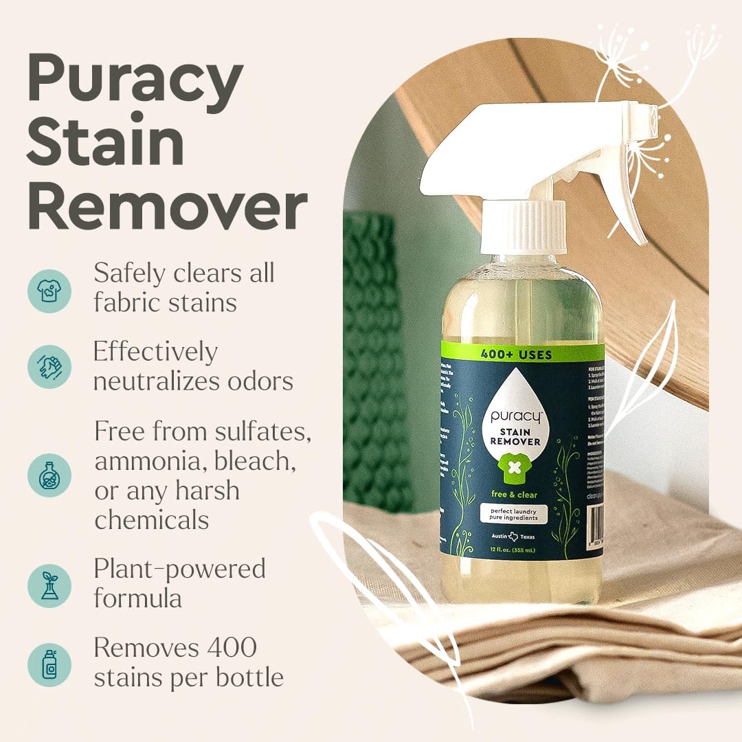 Puracy Stain Remover Spray - Enzyme-Powered, Safe for All Fabrics, Natural Ingredients - 12oz