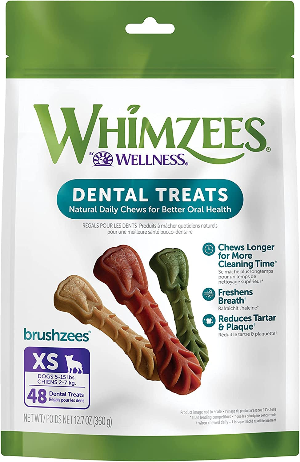 WHIMZEES by Wellness Brushing Dental Chews for Dogs, Grain-Free, Long Lasting Treats, Freshens Breath Extra Small Breed, 48 Count