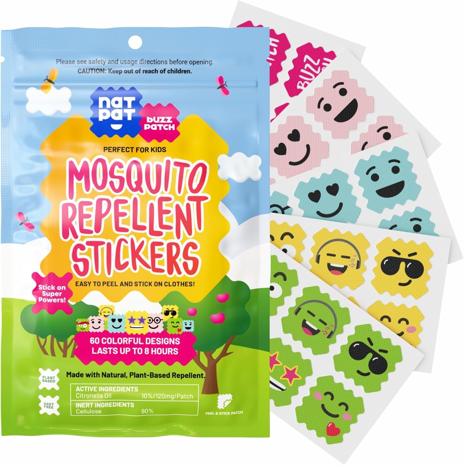 NATPAT Buzz Patch Mosquito Patch Stickers for Kids (60 Pack) - the Original All Natural Citronella Essential Oil Insect Patch, Plant Based Ingredients, Non-Toxic, DEET Free, for Toddlers, Kids