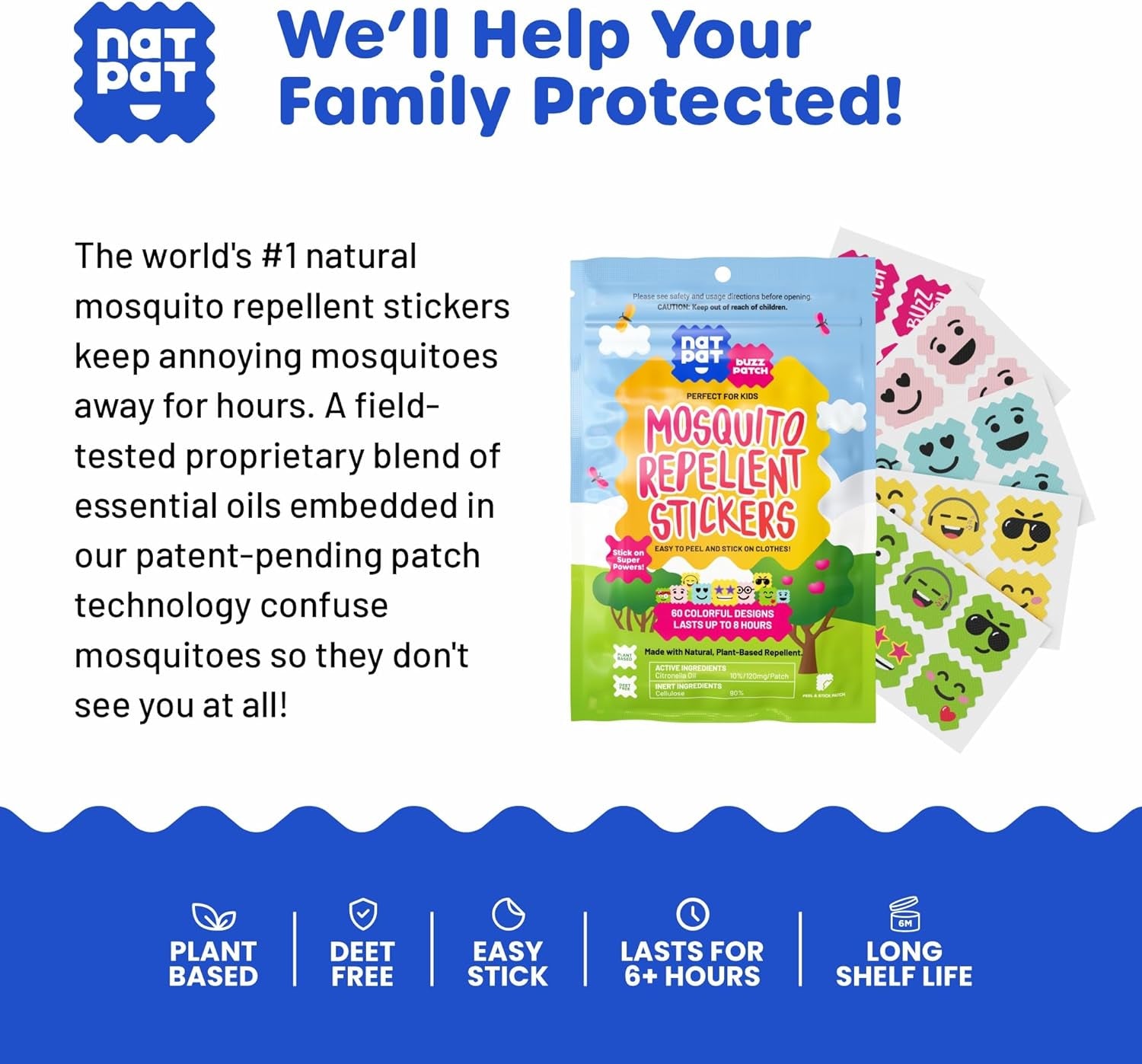 NATPAT Buzz Patch Mosquito Patch Stickers for Kids (60 Pack) - the Original All Natural Citronella Essential Oil Insect Patch, Plant Based Ingredients, Non-Toxic, DEET Free, for Toddlers, Kids