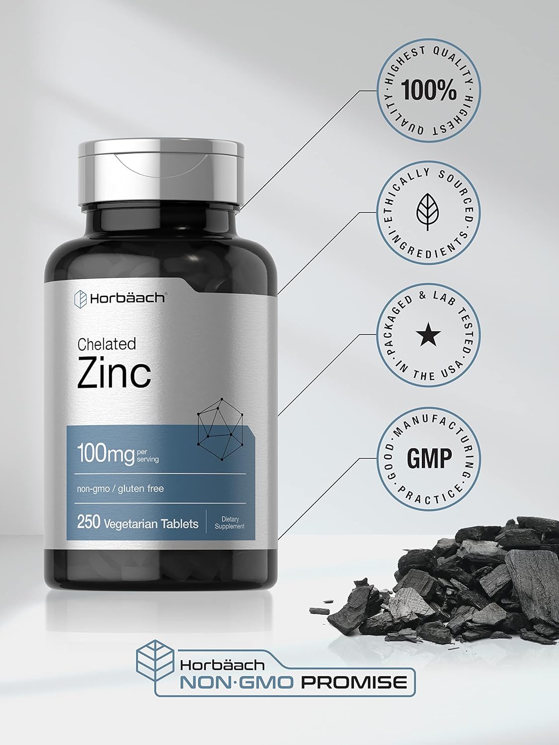 Zinc Supplement | 100mg High Potency, 250 Tablets, Vegetarian, Non-GMO