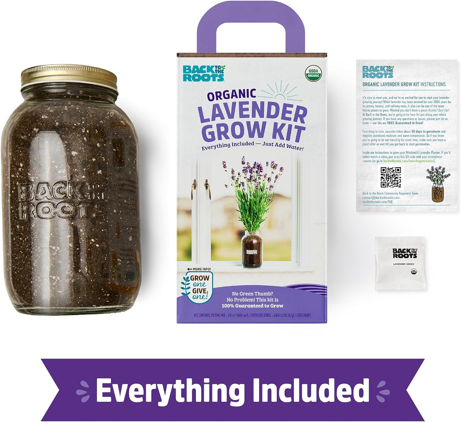 Back to the Roots Lavender Grow Kit - Organic Seeds, Easy Indoor Gardening - Mason Jar