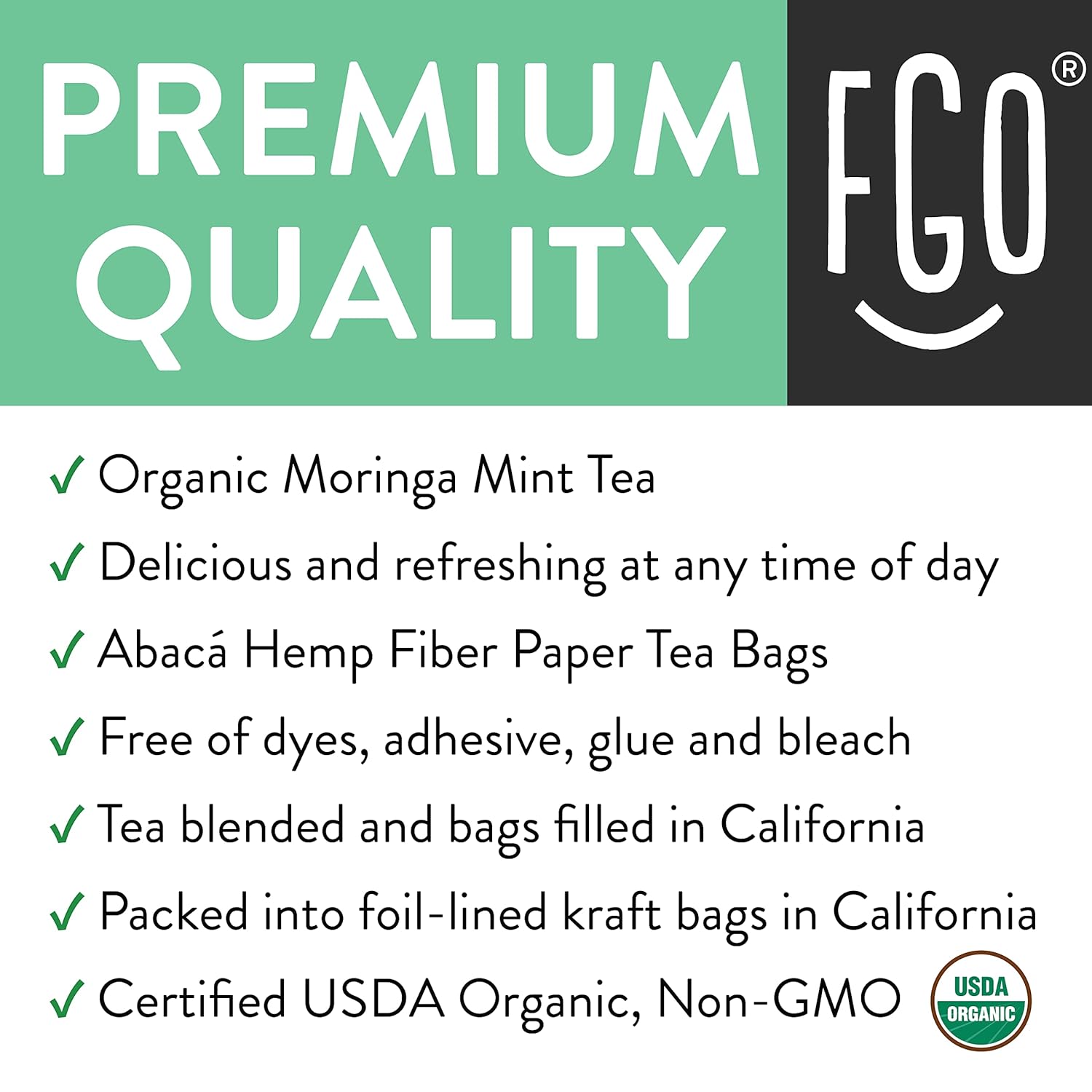 FGO Organic Moringa Mint Tea - Premium Non-GMO, USDA Organic, 100 Count Tea Bags