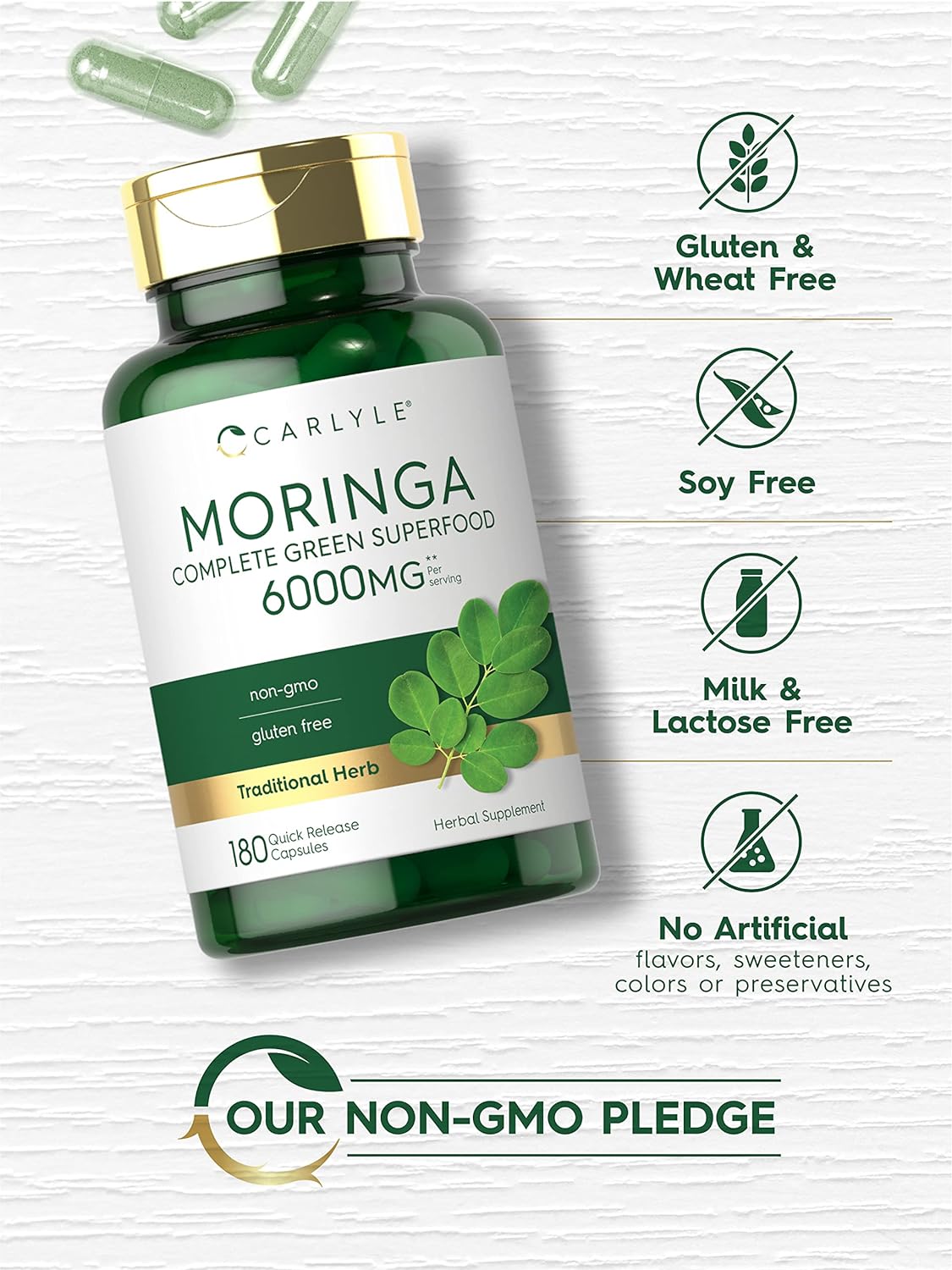 Carlyle Moringa Supplement - Antioxidant-Rich Superfood Blend, Non-GMO, Gluten Free - 180 Capsules