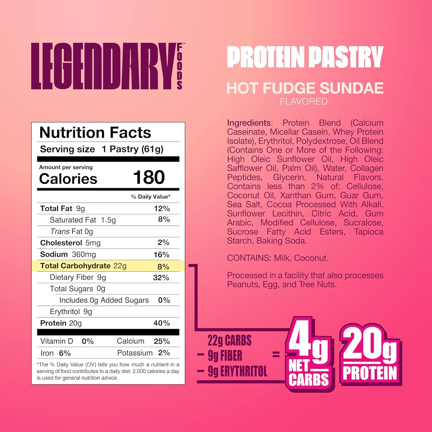 Legendary Foods Protein Pastry - 20g Protein, Low Sugar, Gluten Free - Hot Fudge, 8-Pack