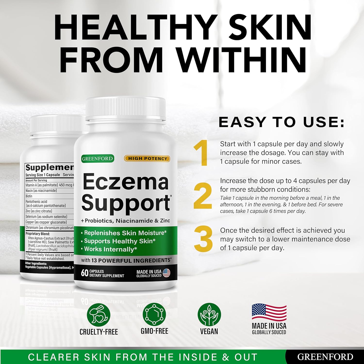 Greenford Eczema Treatment Supplement - Natural Skin Relief with Zinc, Probiotics - 60 Caps