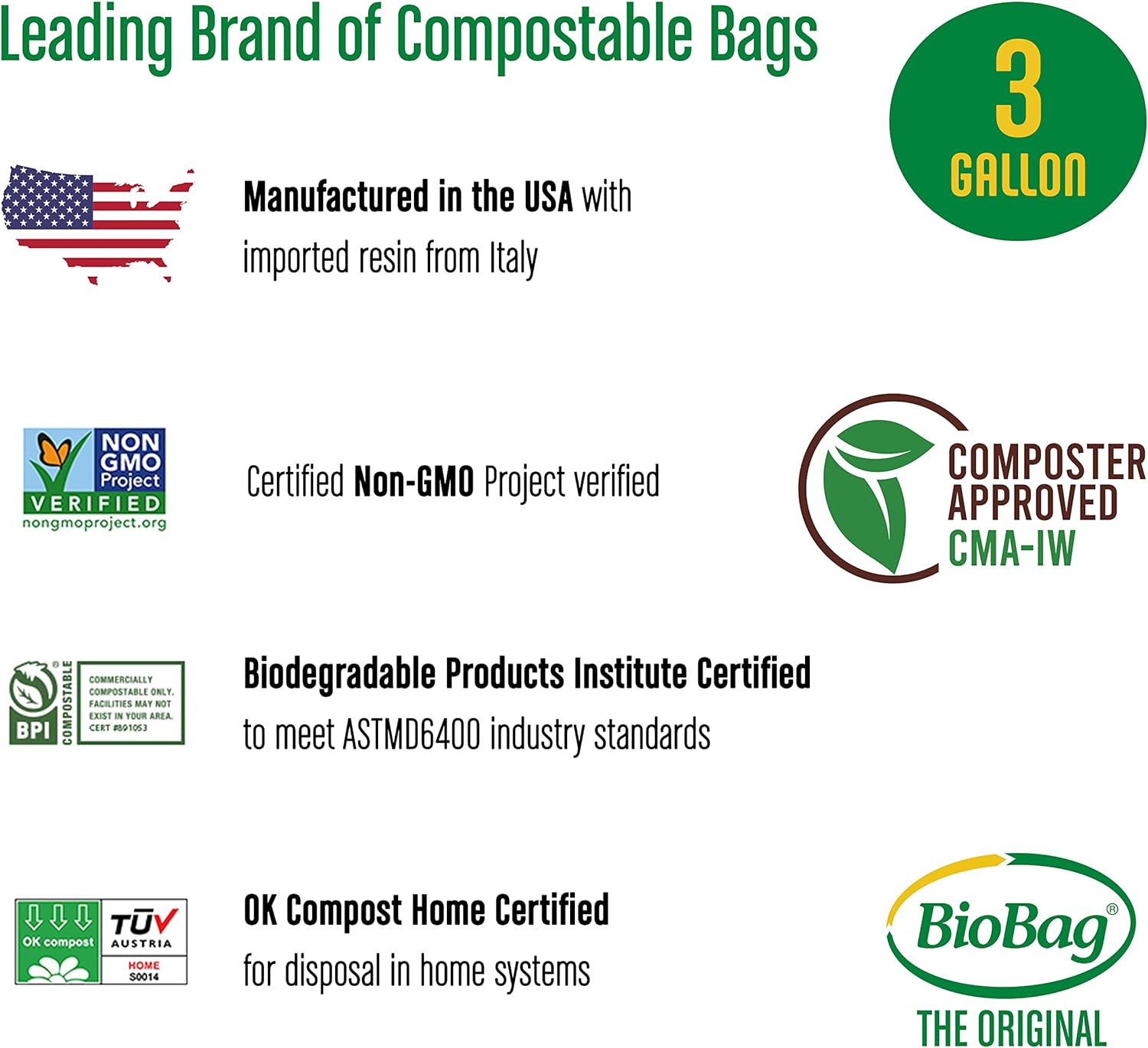 BioBag Compostable Trash Bags - Certified for Food Scraps, Fits Kitchen Bins - 100 Count, 3 Gallon