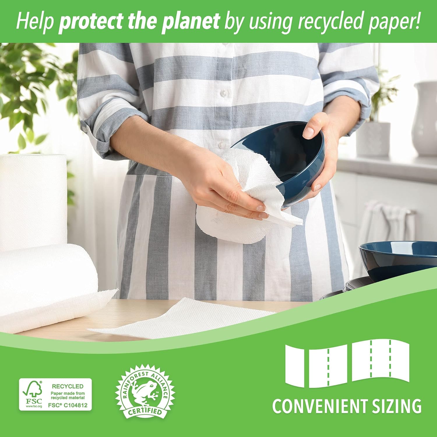 EcoFirst Paper Towels - 100% Recycled, Chlorine-Free, 2-Ply Strength, Half Sheets - 2 Rolls