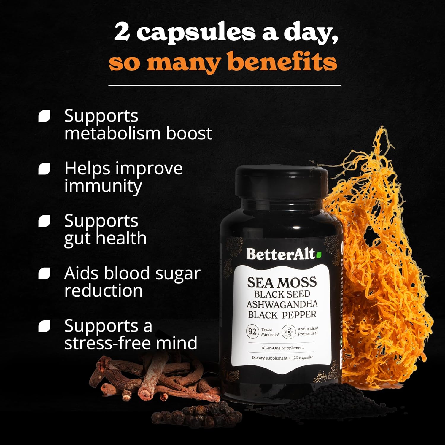 Better Alt Sea Moss Capsules - Boost Energy & Immunity, Pure Irish Moss with Black Seed - 120ct