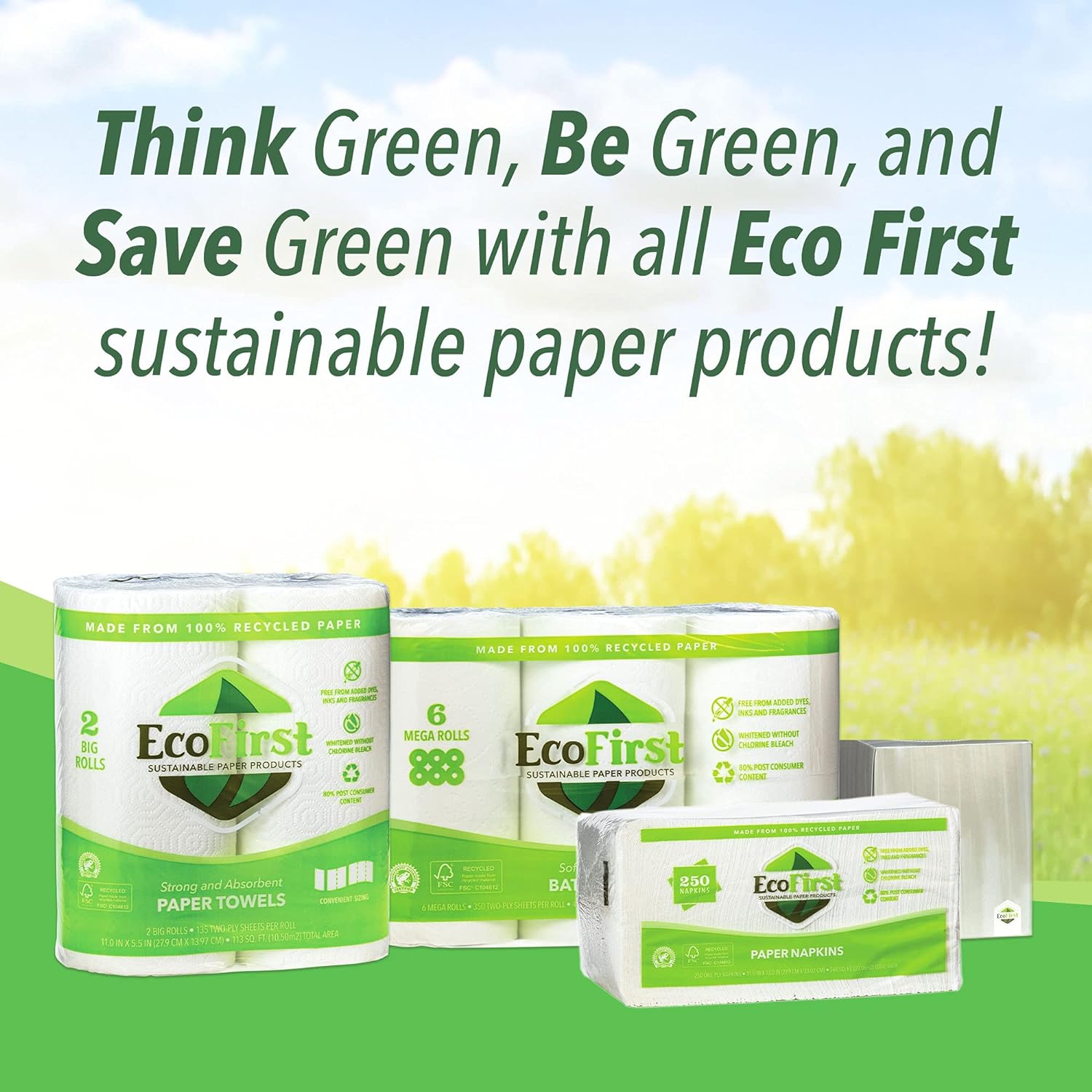 EcoFirst Paper Towels - 100% Recycled, Chlorine-Free, 2-Ply Strength, Half Sheets - 2 Rolls