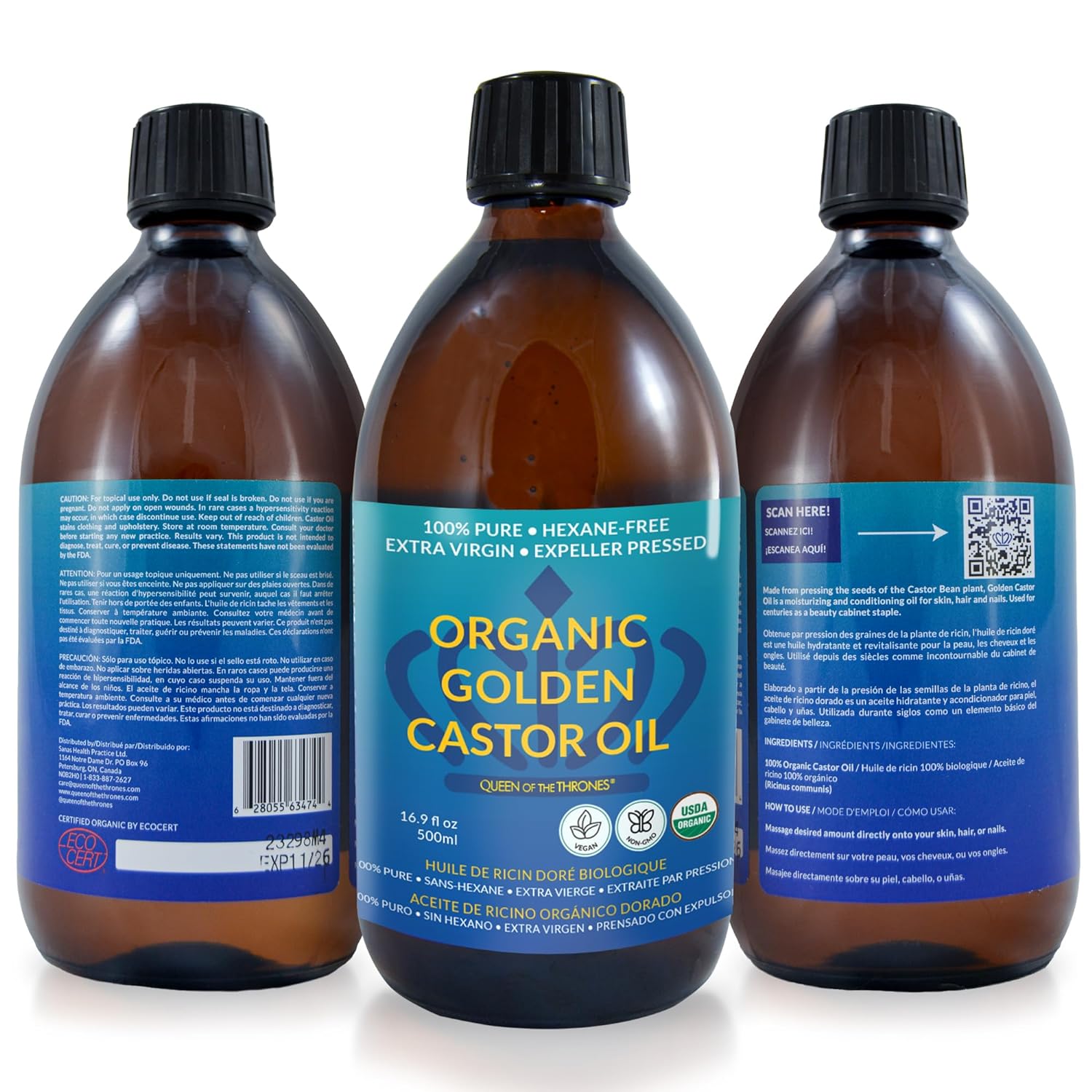 QUEEN OF THE THRONES Organic Golden Castor Oil - Pure Hydration for Hair, Skin & Nails - 500mL