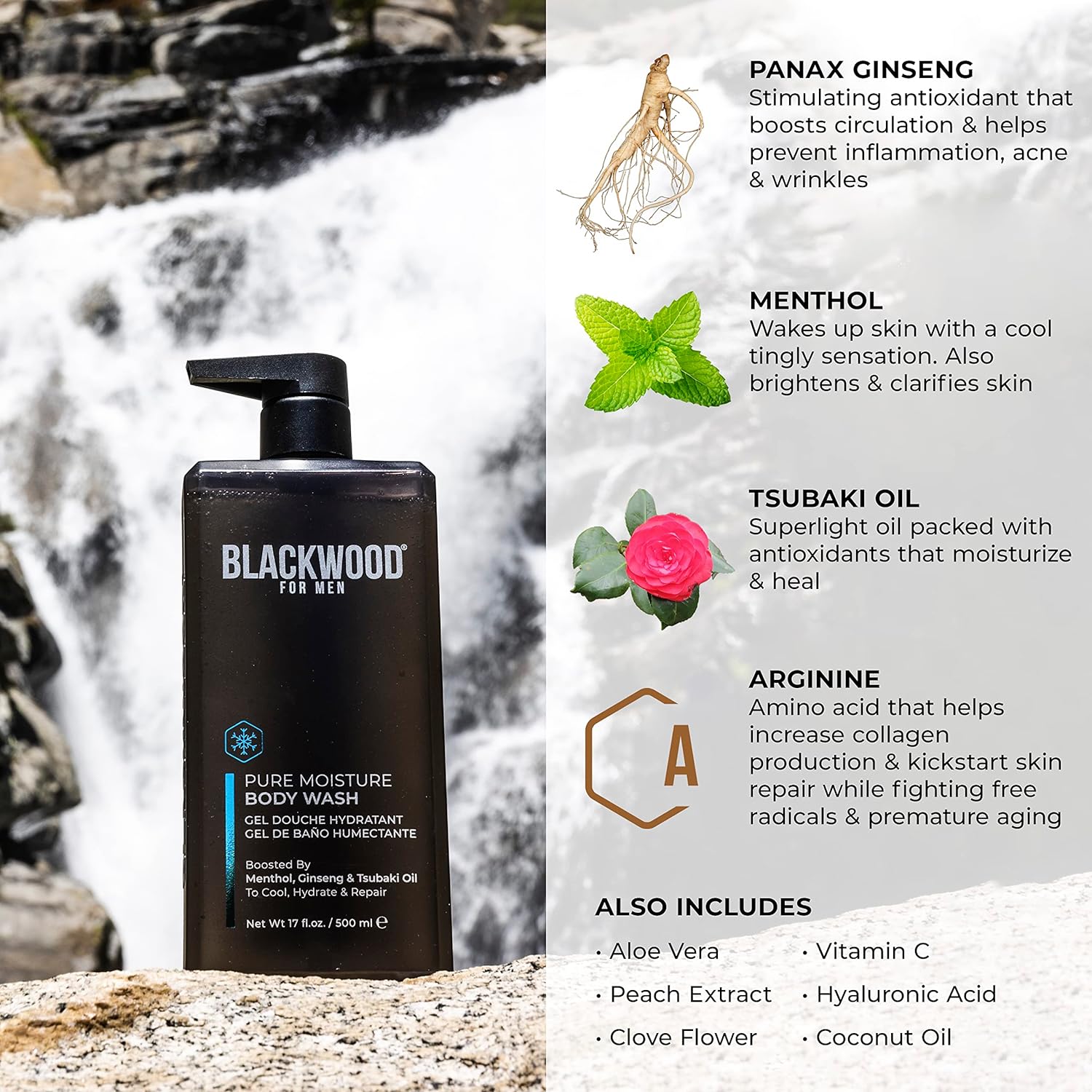 Blackwood For Men Body Wash - Hydrates & Cools with Ginseng & Menthol - Vegan, 17oz