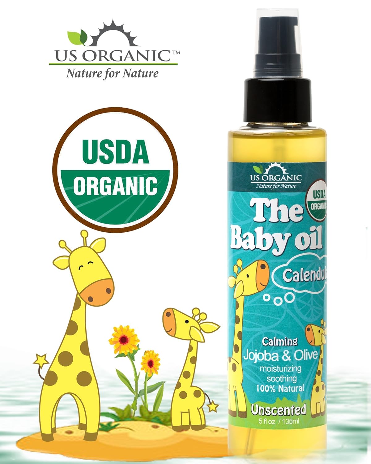 US Organic Baby Body Oil - Soothes Skin with Calendula & Vitamin E, USDA Certified - 5 fl. oz