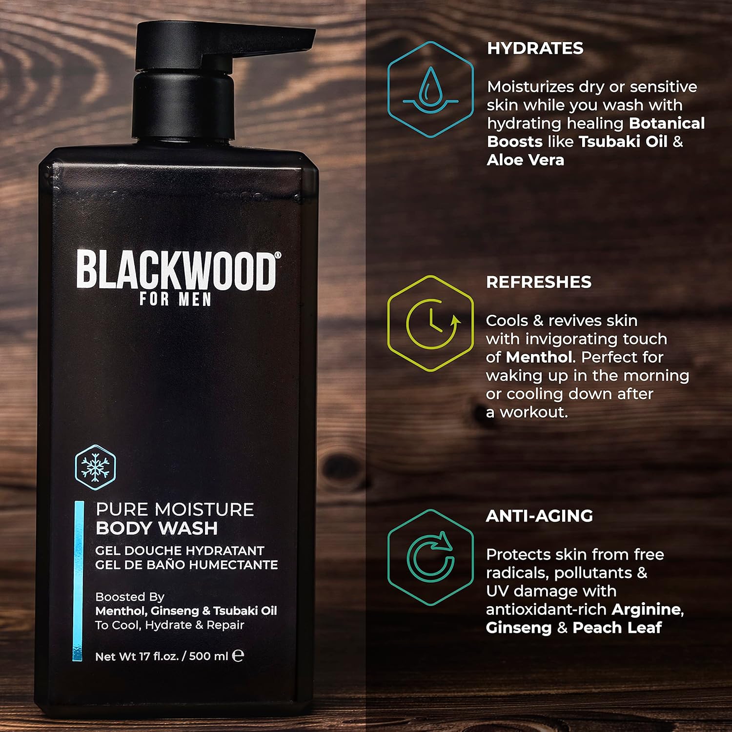 Blackwood For Men Body Wash - Hydrates & Cools with Ginseng & Menthol - Vegan, 17oz