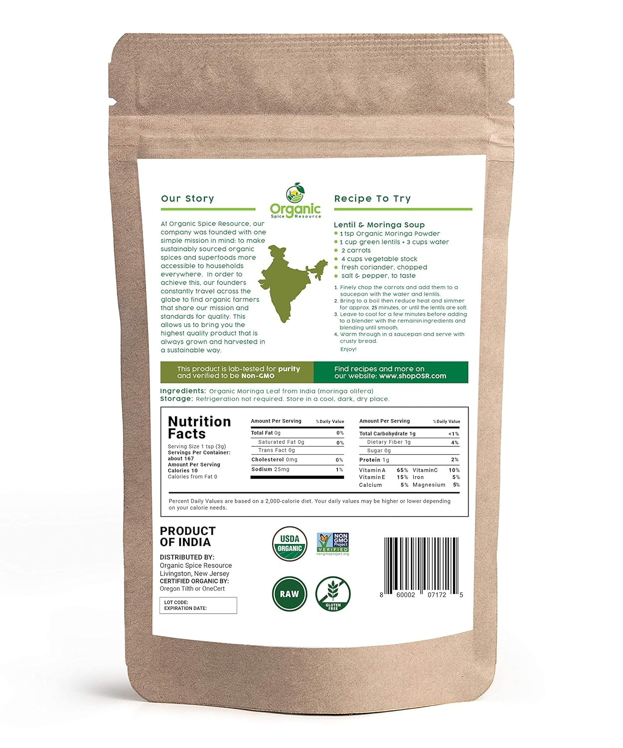 SHOPOSR Organic Moringa Powder - Nutrient-Rich, USDA Organic, Non-GMO, Gluten-Free - 1.10 lbs