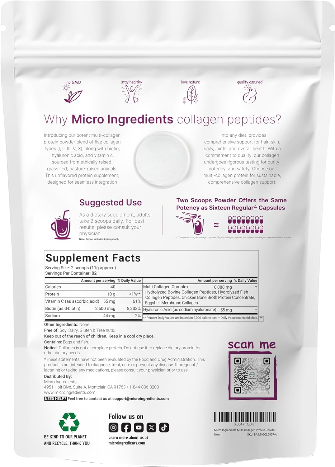 Micro Ingredients Collagen Protein Powder - Anti-Aging Support, Non-GMO, Unflavored - 2lb