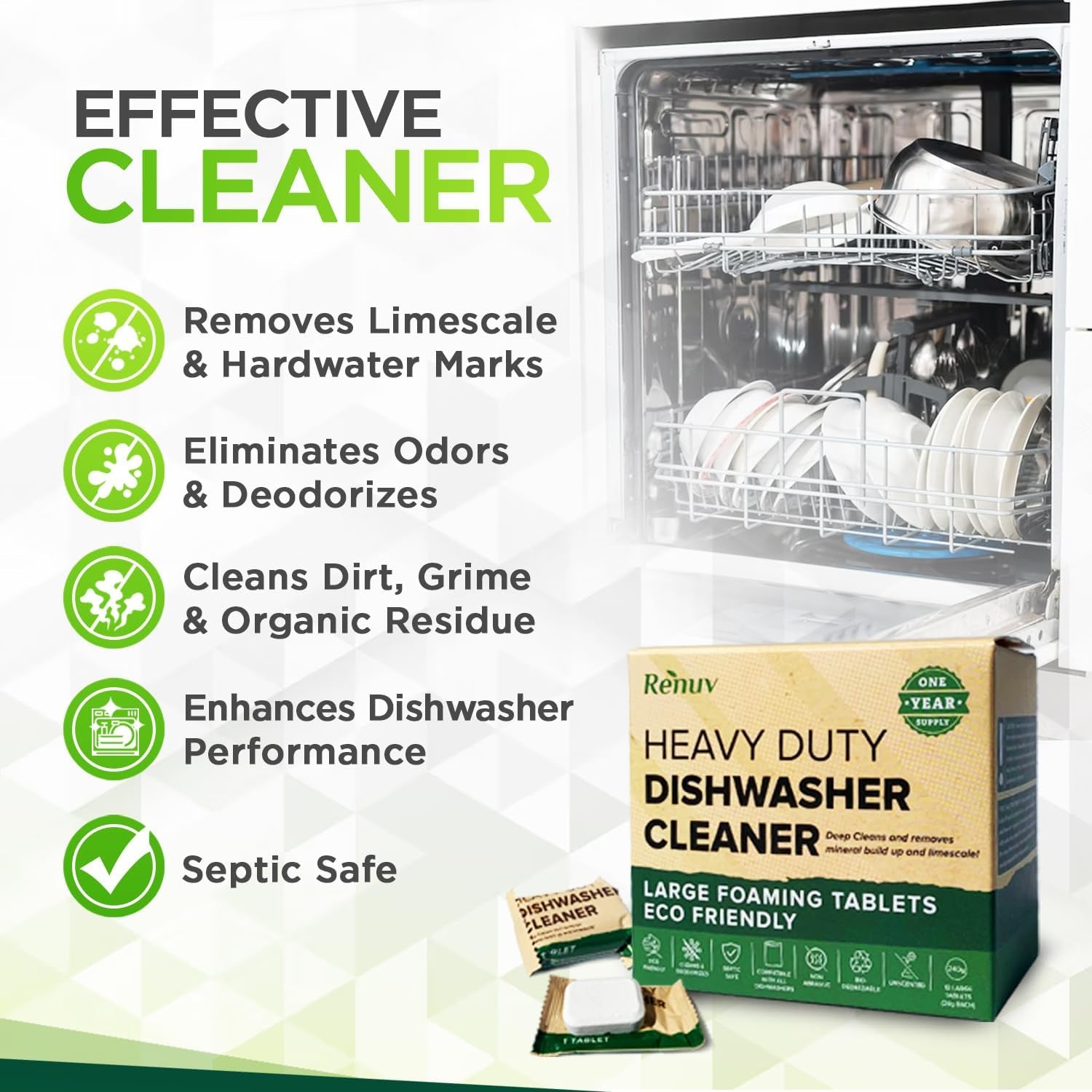 Heavy Duty Dishwasher Cleaner and Deodorizer Tablets, Descaler, Deep Cleaning, Natural Odor and Smell Remover, Calcium, Limescale, Hard Water Marks, Grease, Septic Safe Pods (12 Tabs - 1 Yr Supply)