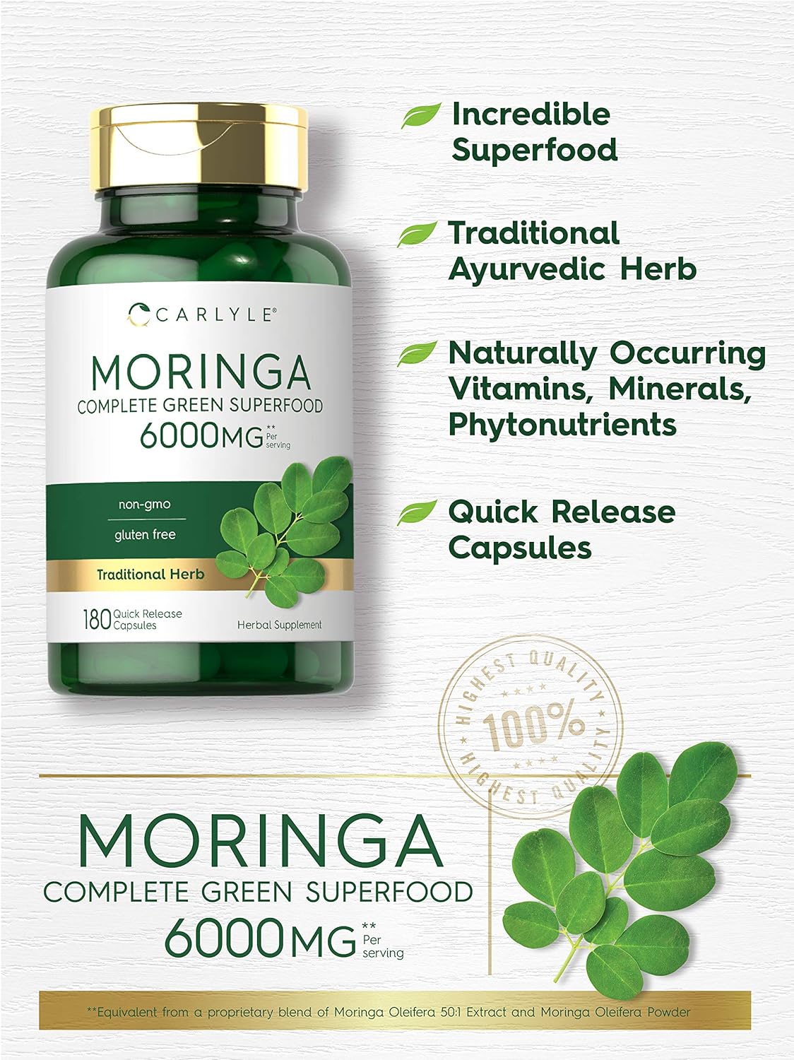 Carlyle Moringa Supplement - Antioxidant-Rich Superfood Blend, Non-GMO, Gluten Free - 180 Capsules