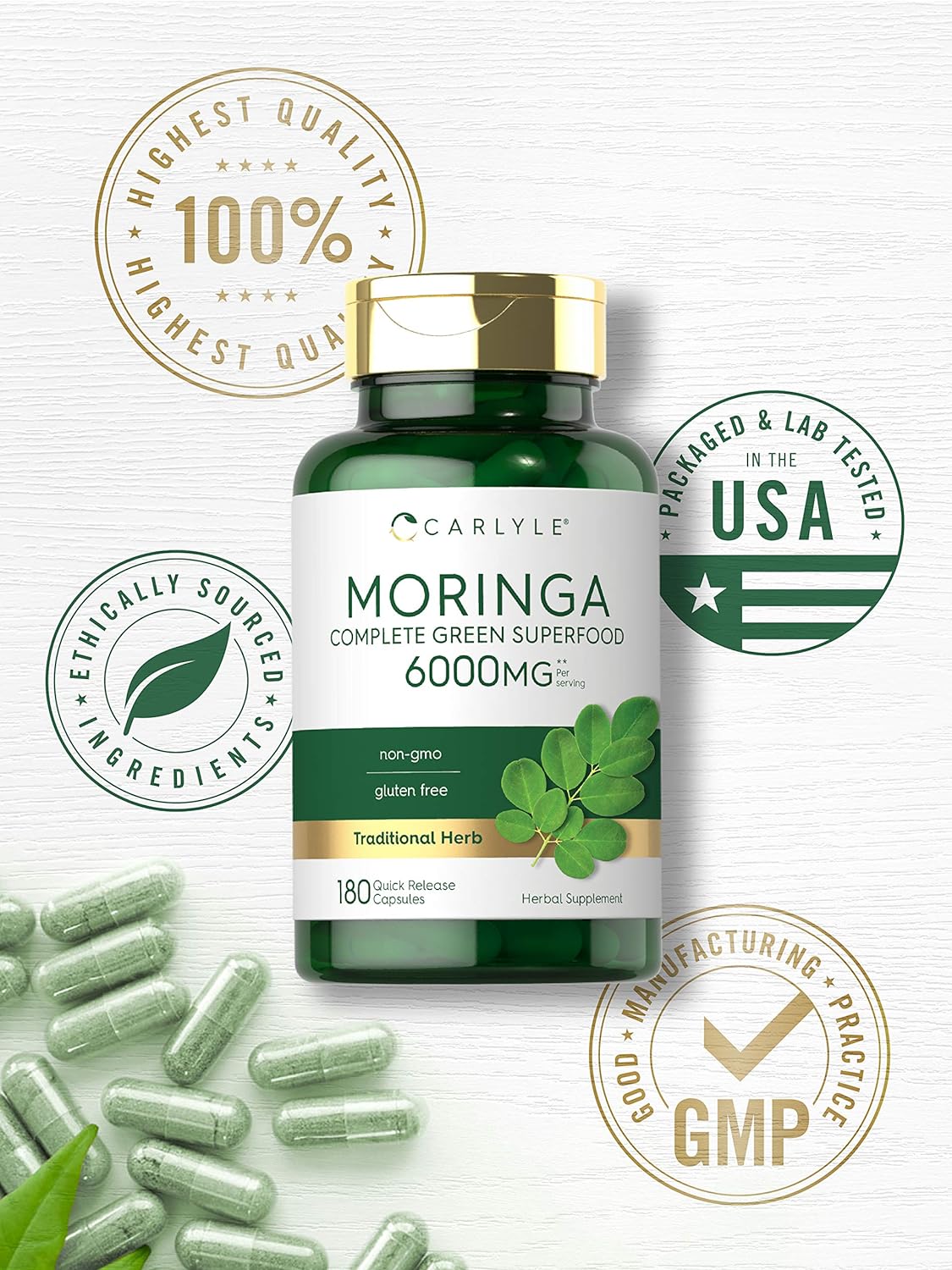 Carlyle Moringa Supplement - Antioxidant-Rich Superfood Blend, Non-GMO, Gluten Free - 180 Capsules