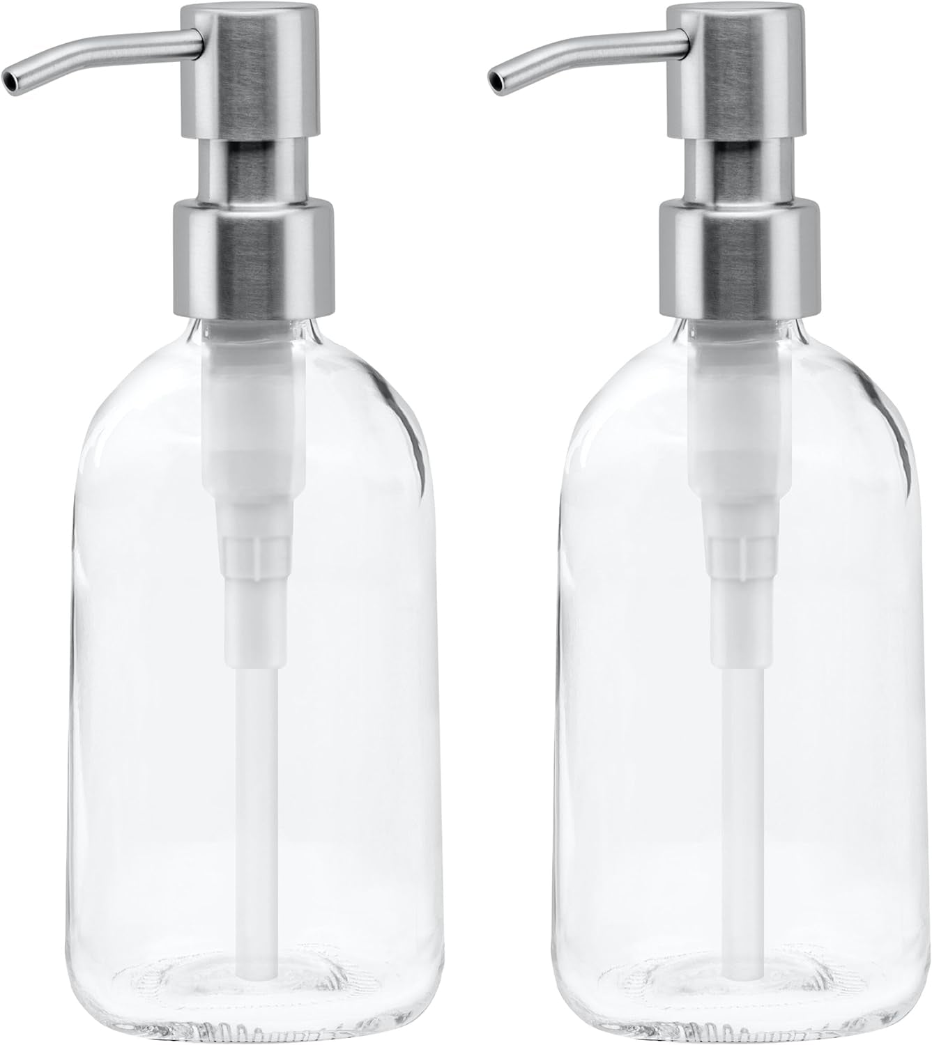 Gel Hand Soap Dispenser (13.5 Oz) 2 X Refillable Glass Bottles with Stainless Steel Pump, Reusable Liquid Soap Refill Set, Square Base, Reduce Plastic Waste Bundle