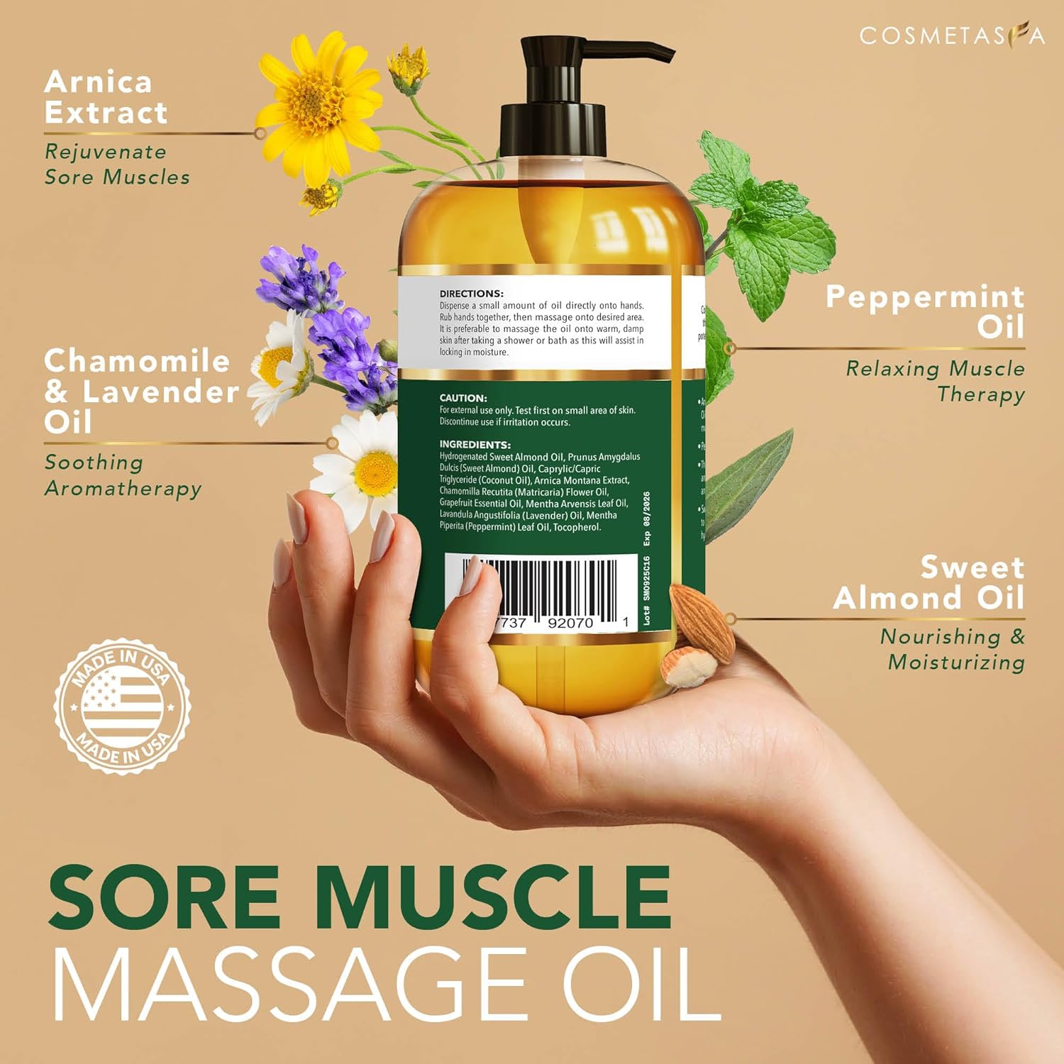 Cosmetasa Massage Oil - Eases Sore Muscles with Arnica & Lavender, Lightweight Formula - 3.4oz