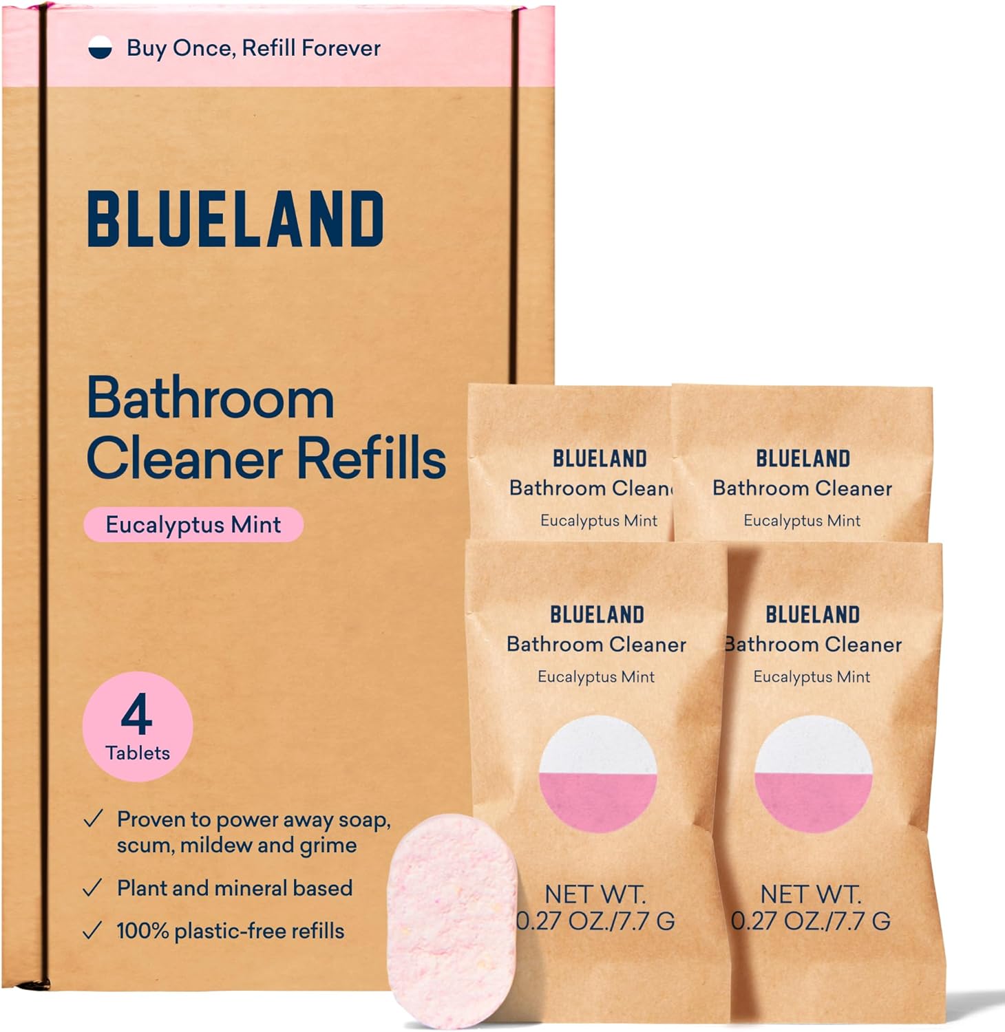 BLUELAND Bathroom Cleaner Refill Tablets - Powerful, Plant-Based Formula, Eucalyptus Mint - 4 Pack