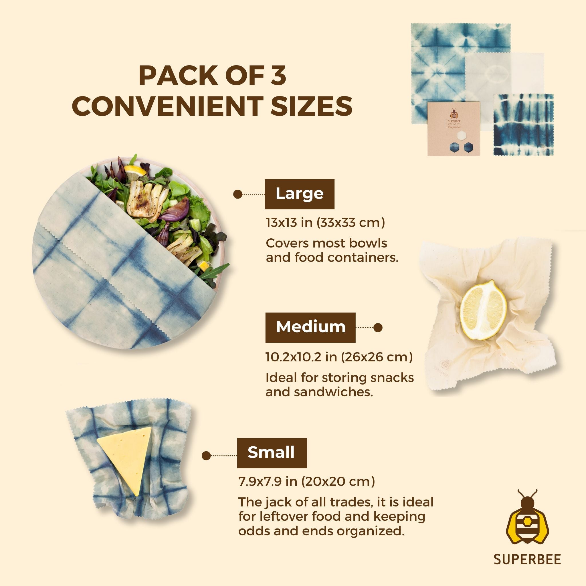 Beeswax Wraps “Beeginner” Set of 3 Sizes - Bee Indigo