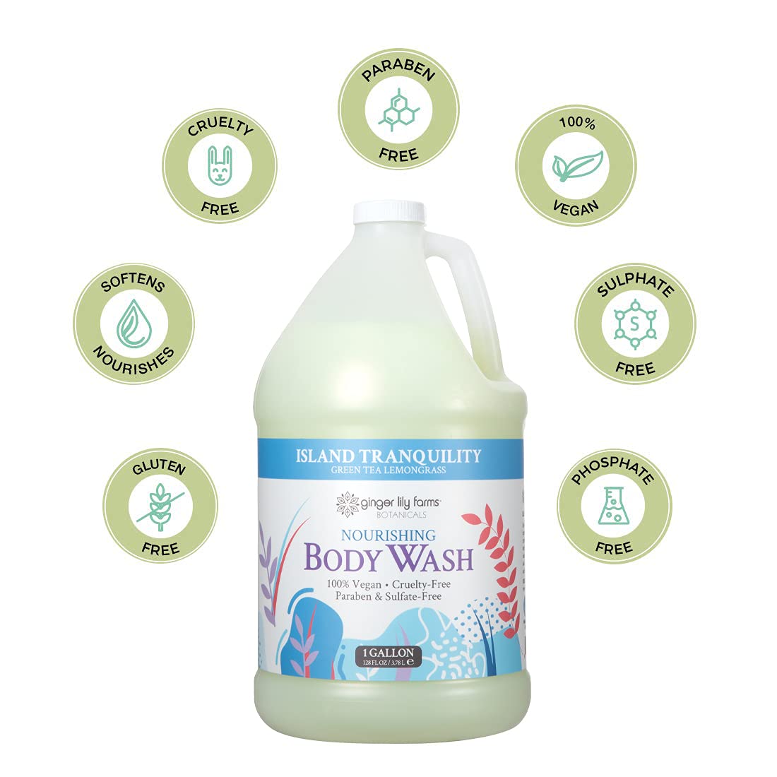 Ginger Lily Farms Botanicals Body Wash - Nourishing Formula, Green Tea & Lemongrass Scent - 1 Gallon