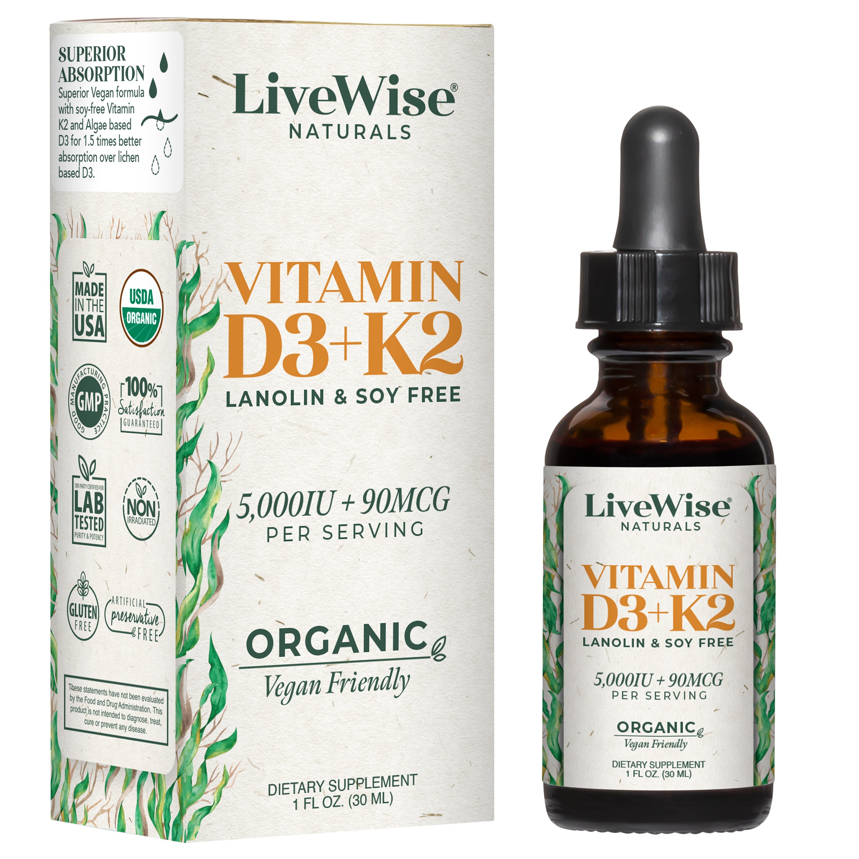 VITAMIN D3+K2 - Lanolin and Soy Free - Vegan Friendly (1,000IU-10,000IU)