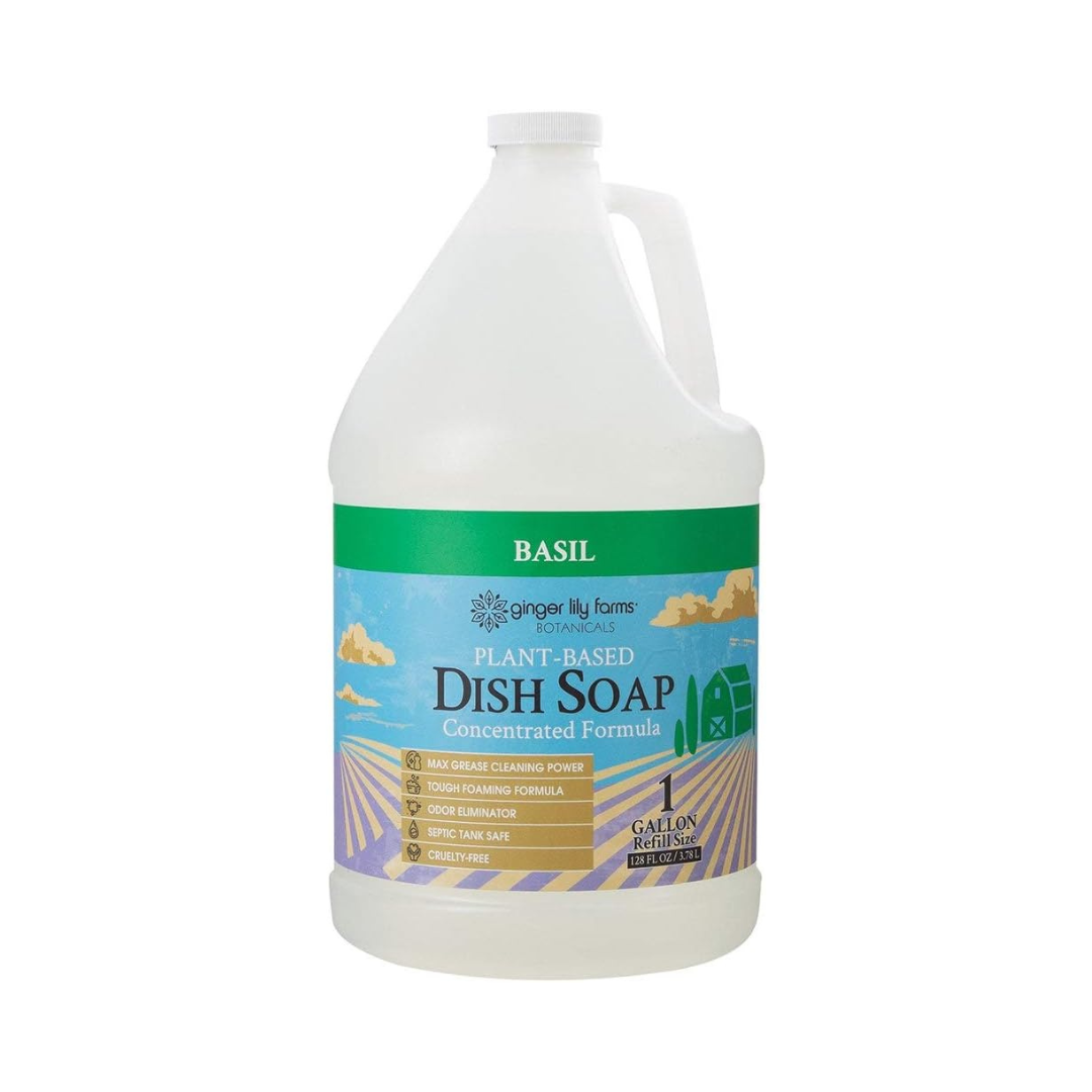 Ginger Lily Farms Dish Soap - Maximum Grease Cleaning Power, Plant-Based, Basil Scent - 1 Gallon