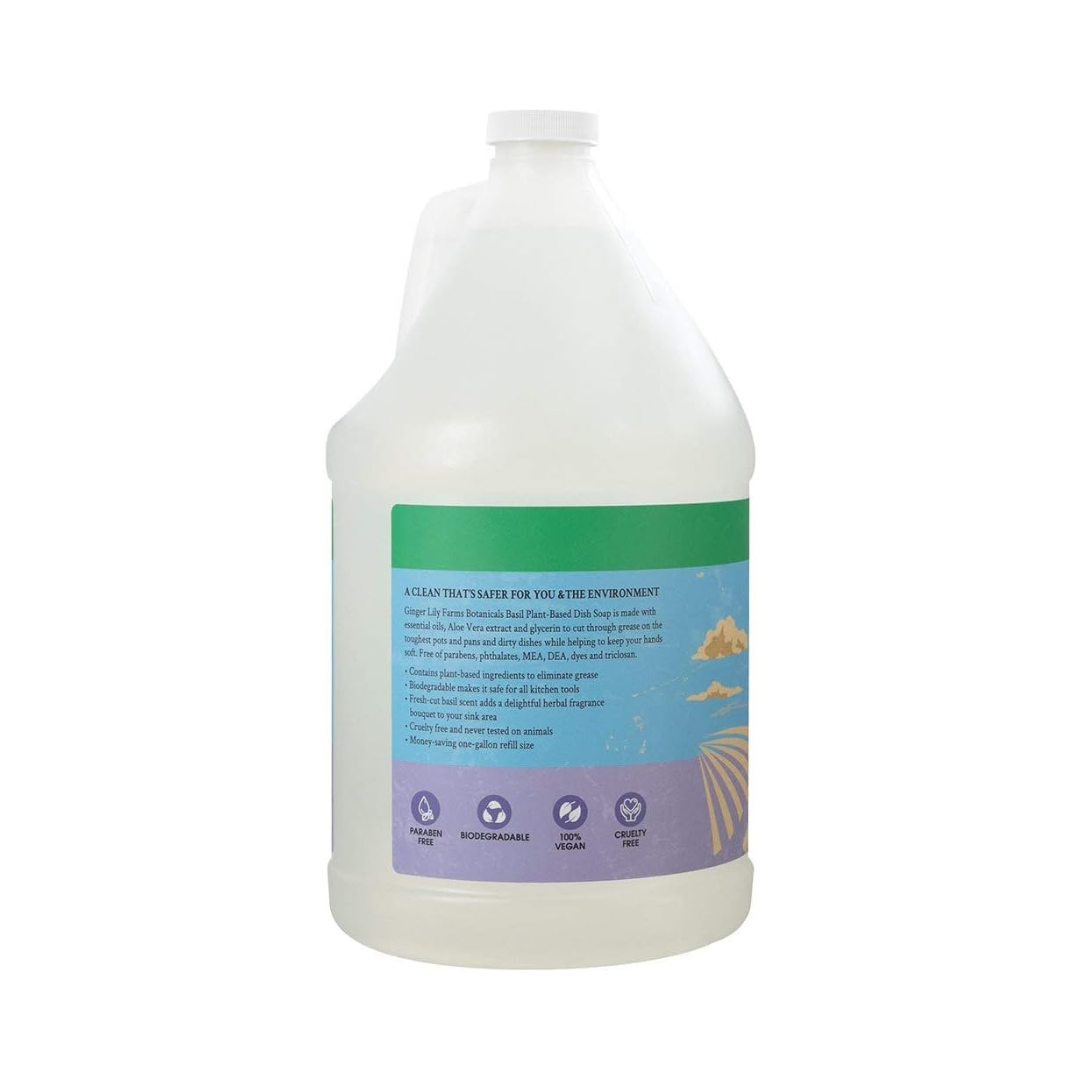 Ginger Lily Farms Dish Soap - Maximum Grease Cleaning Power, Plant-Based, Basil Scent - 1 Gallon