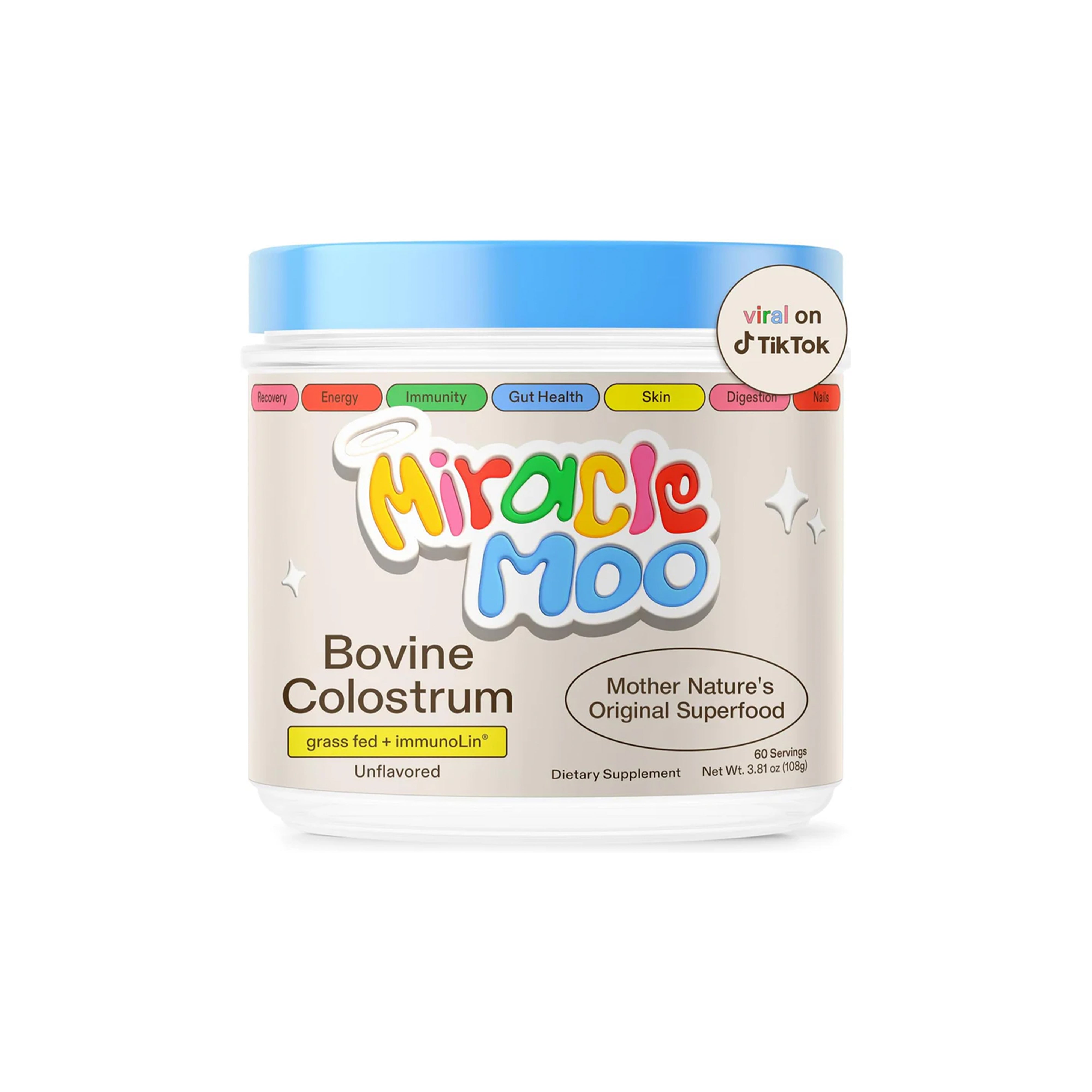 MIRACLE MOO Colostrum Supplement - Immune, Gut, Hair Support, Grass Fed, Unflavored - 60 Servings