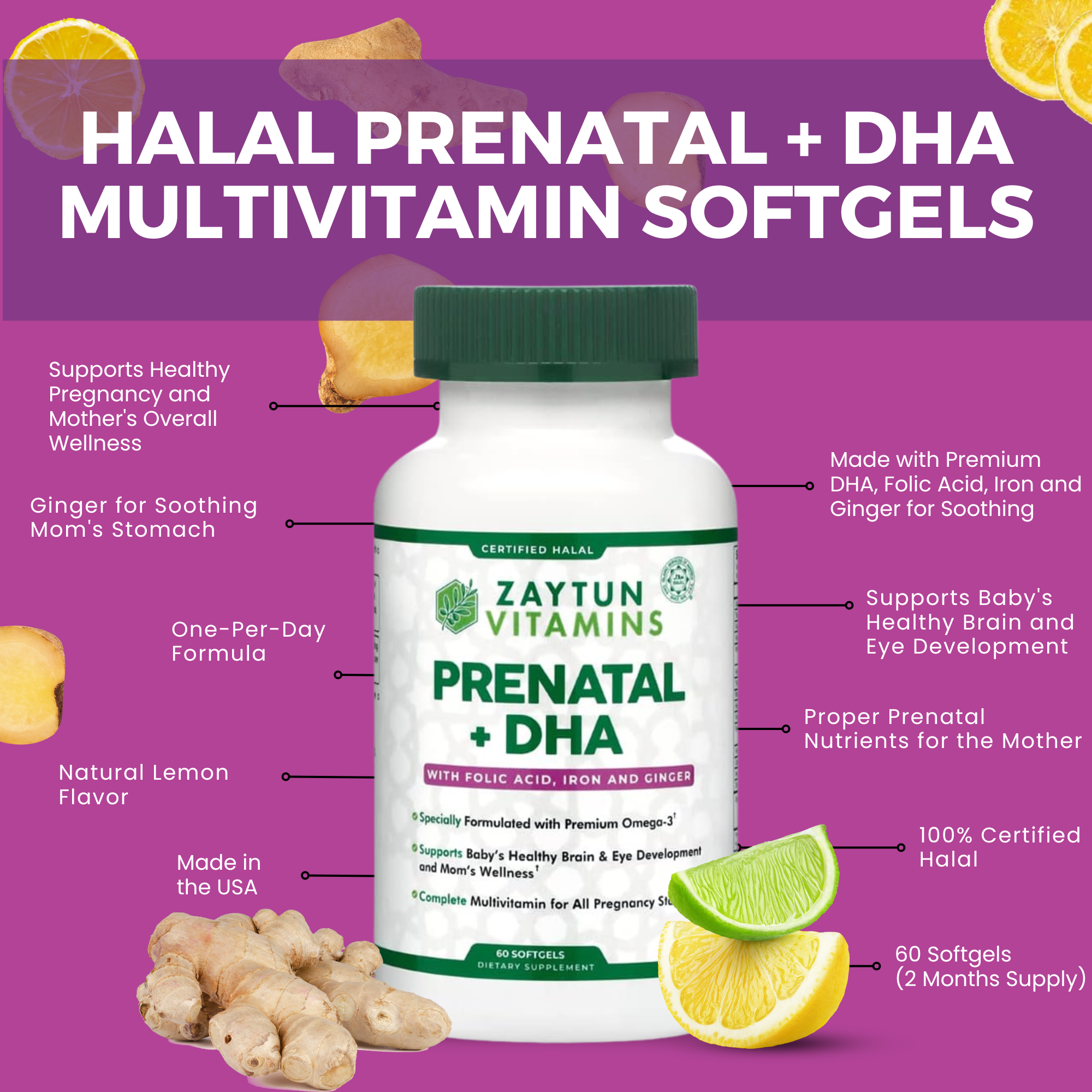 Prenatal Vitamins | DHA & Ginger, 60 Count