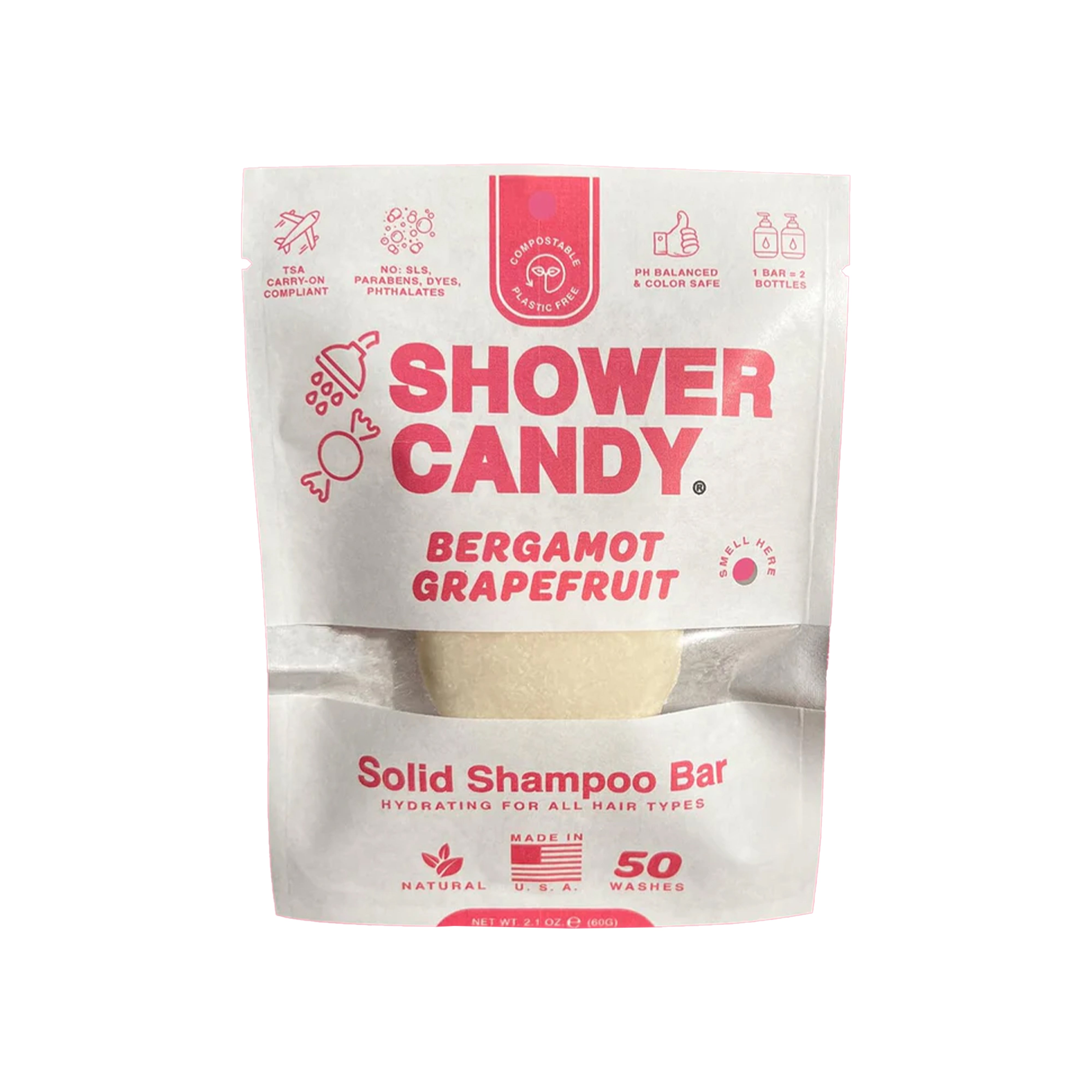 Shower Candy Natural Shampoo Bar - Soft, Clean Hair, Bergamot Grapefruit Scent - 1 Bar = 24oz