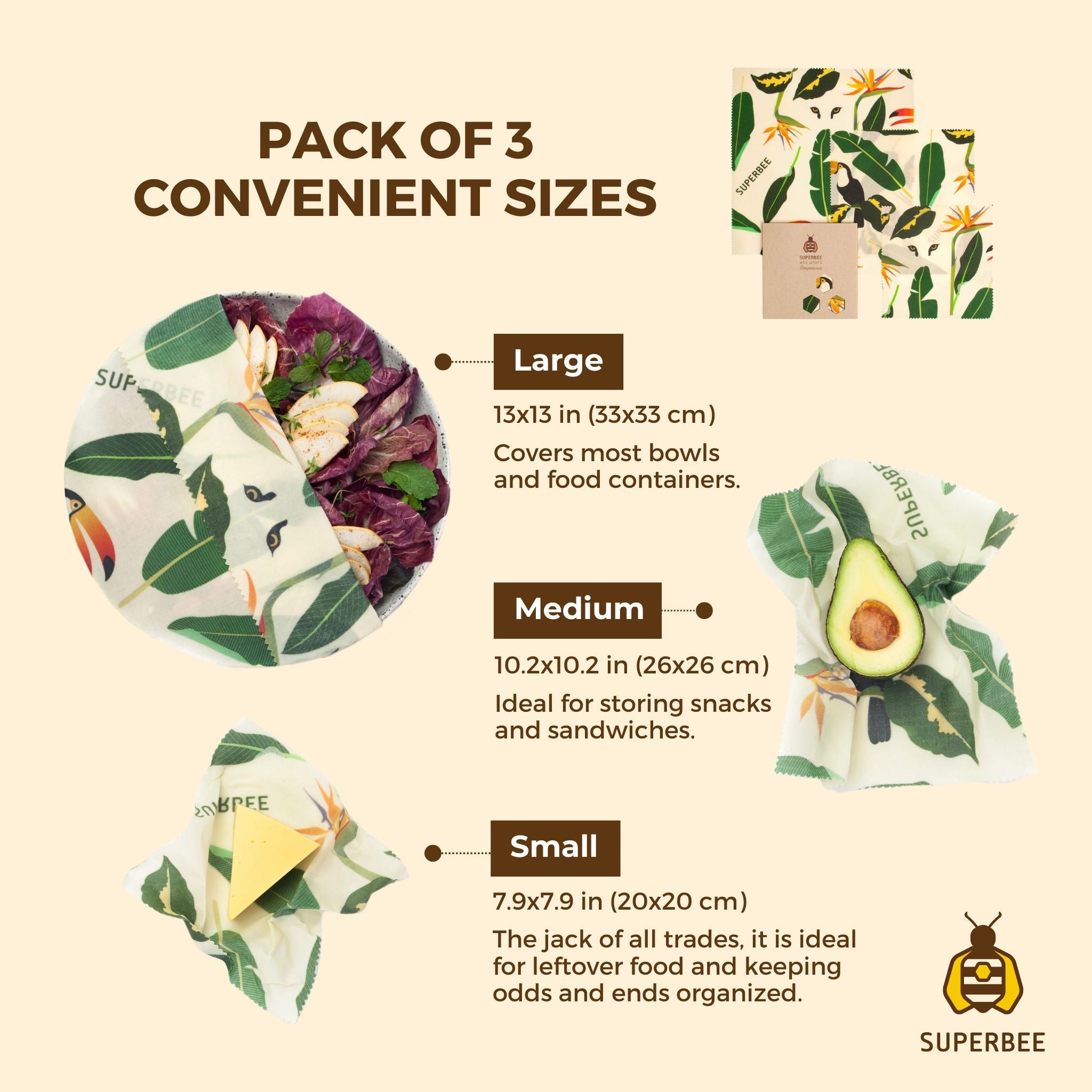 Beeswax Wraps “Beeginner” Set of 3 Sizes - Jungle