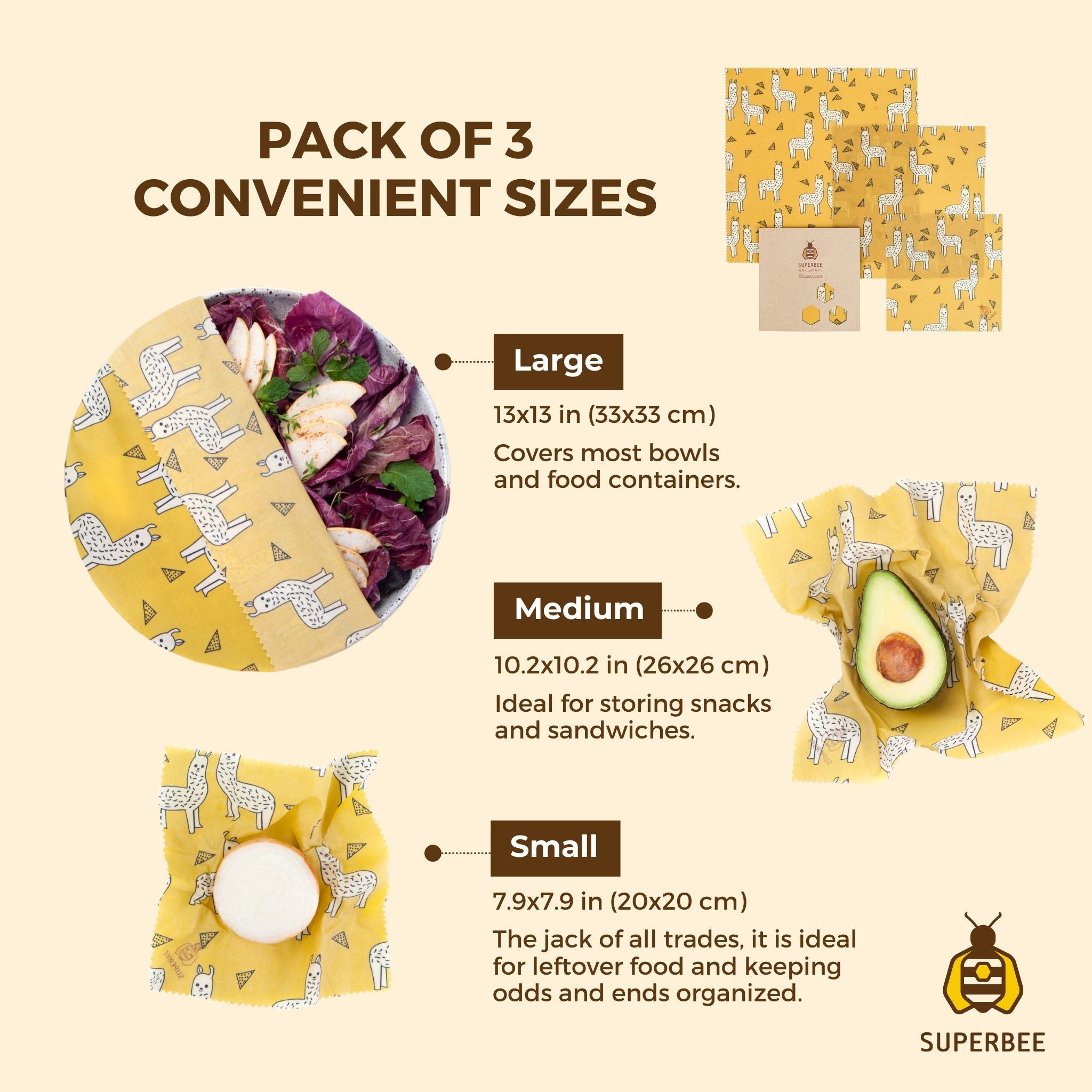 Beeswax Wraps “Beeginner” Set of 3 Sizes - Alpacas