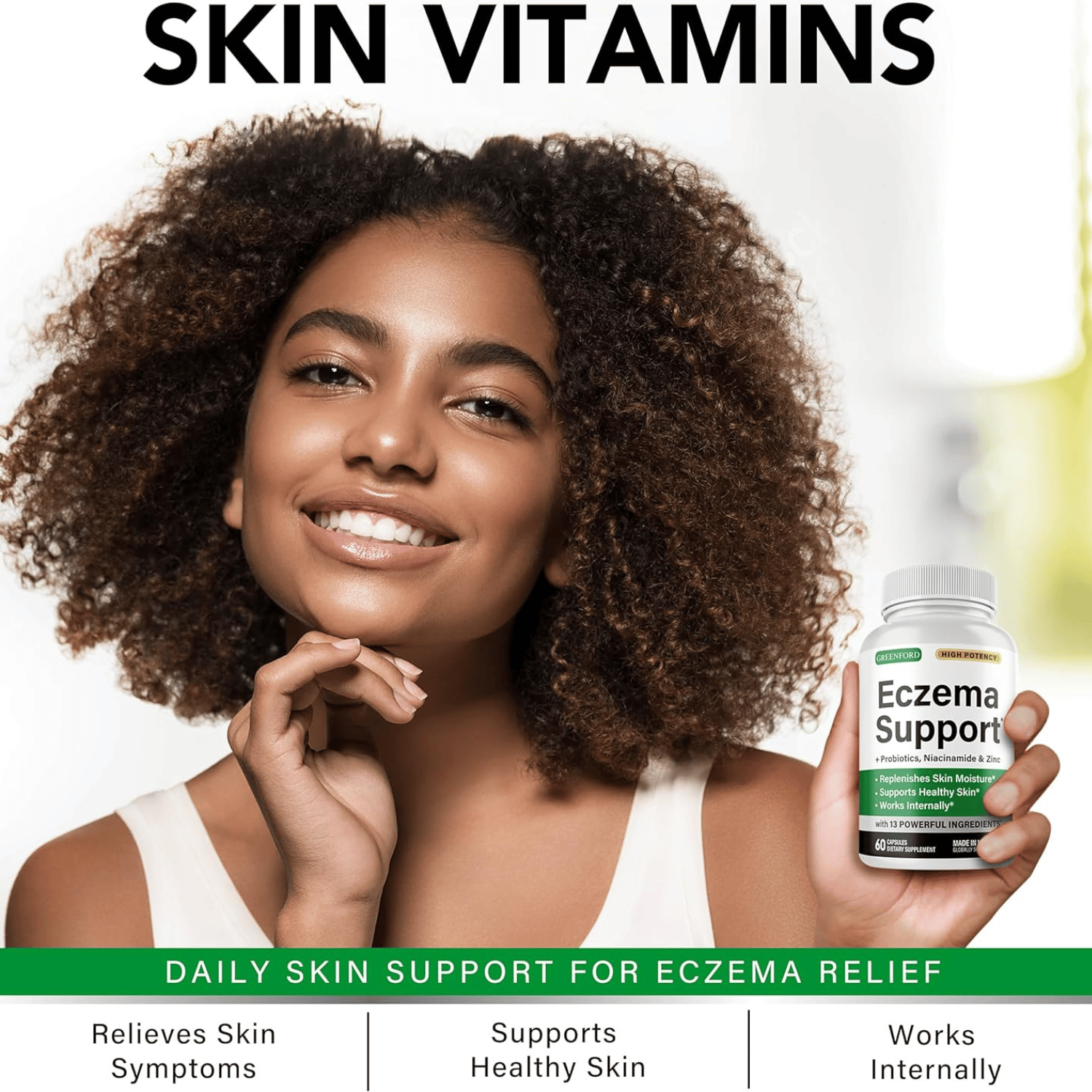 Greenford Eczema Treatment Supplement - Natural Skin Relief with Zinc, Probiotics - 60 Caps