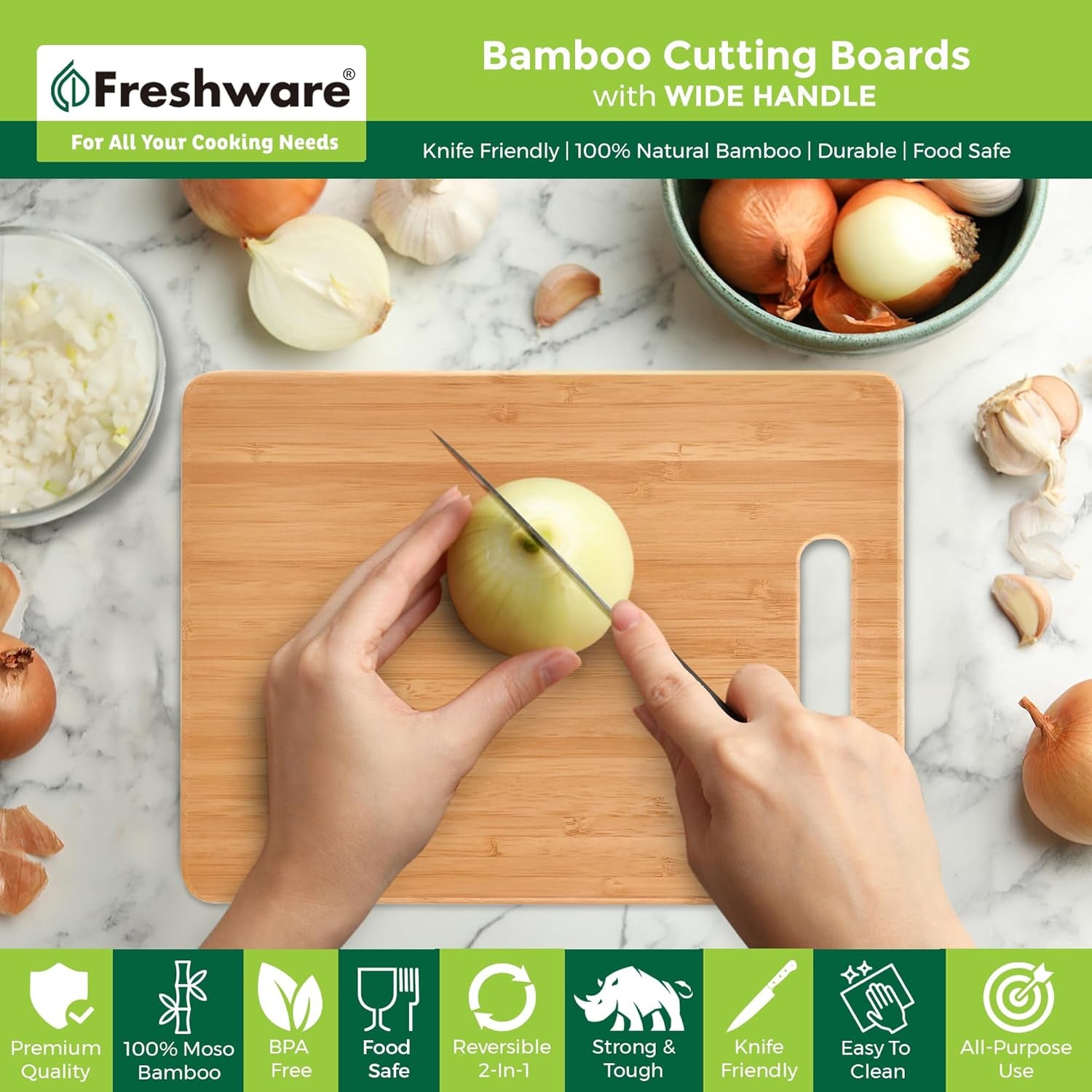 Bamboo Cutting Boards for Kitchen [Set of 3] Wood Cutting Board for Chopping Meat, Vegetables, Fruits, Cheese, Knife Friendly Serving Tray with Handles