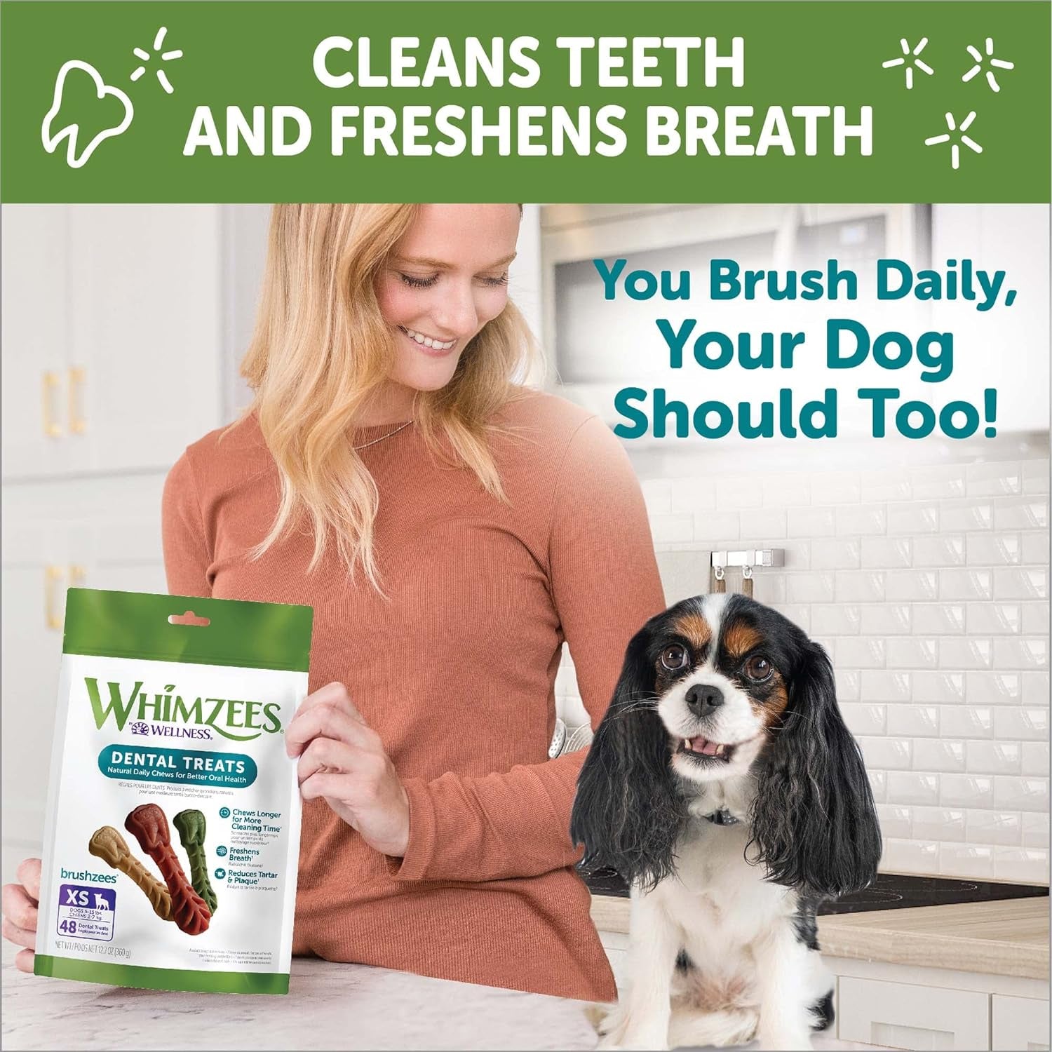 WHIMZEES by Wellness Brushing Dental Chews for Dogs, Grain-Free, Long Lasting Treats, Freshens Breath Extra Small Breed, 48 Count