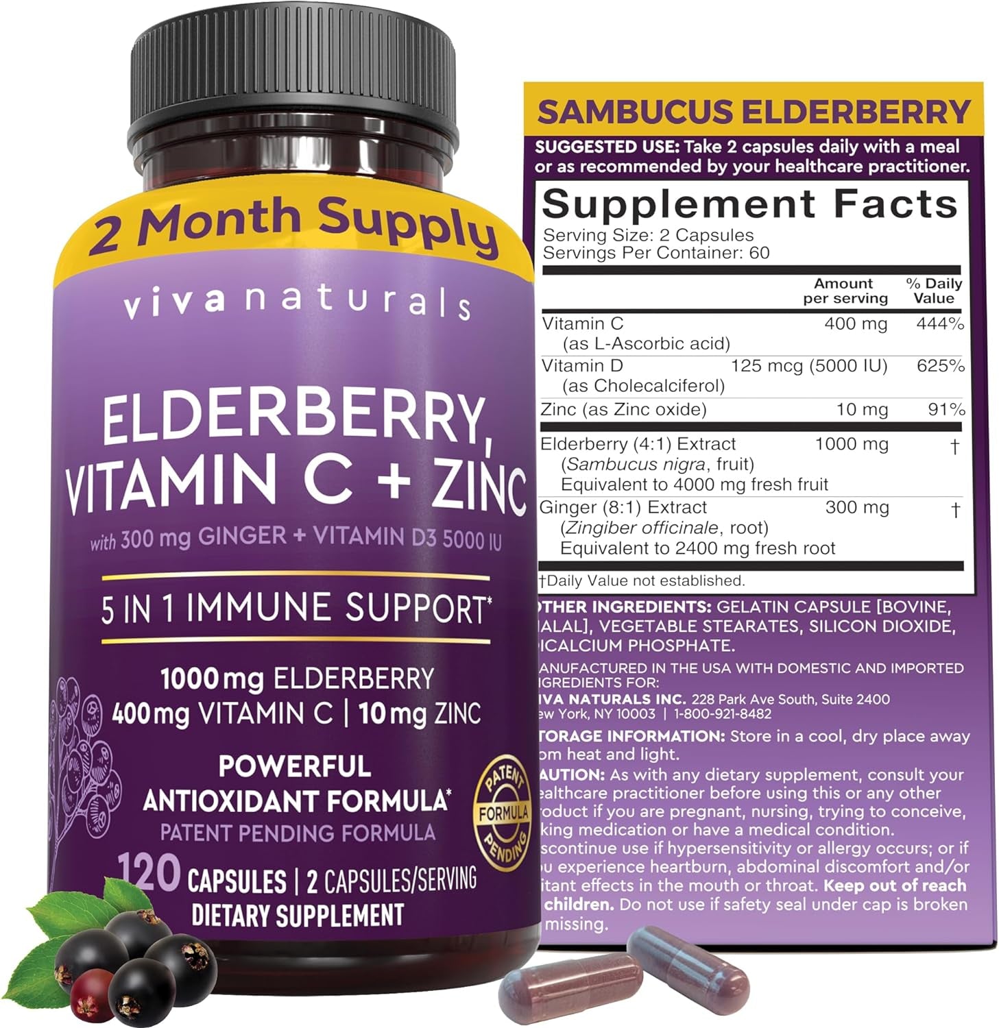 Elderberry with Vitamin C and Zinc for Adults - 5 in 1 Sambucus Black Elderberry Capsules with Vitamin D3 5000 IU, Elderberries Immune Support Supplement 2 Months Supply Pills